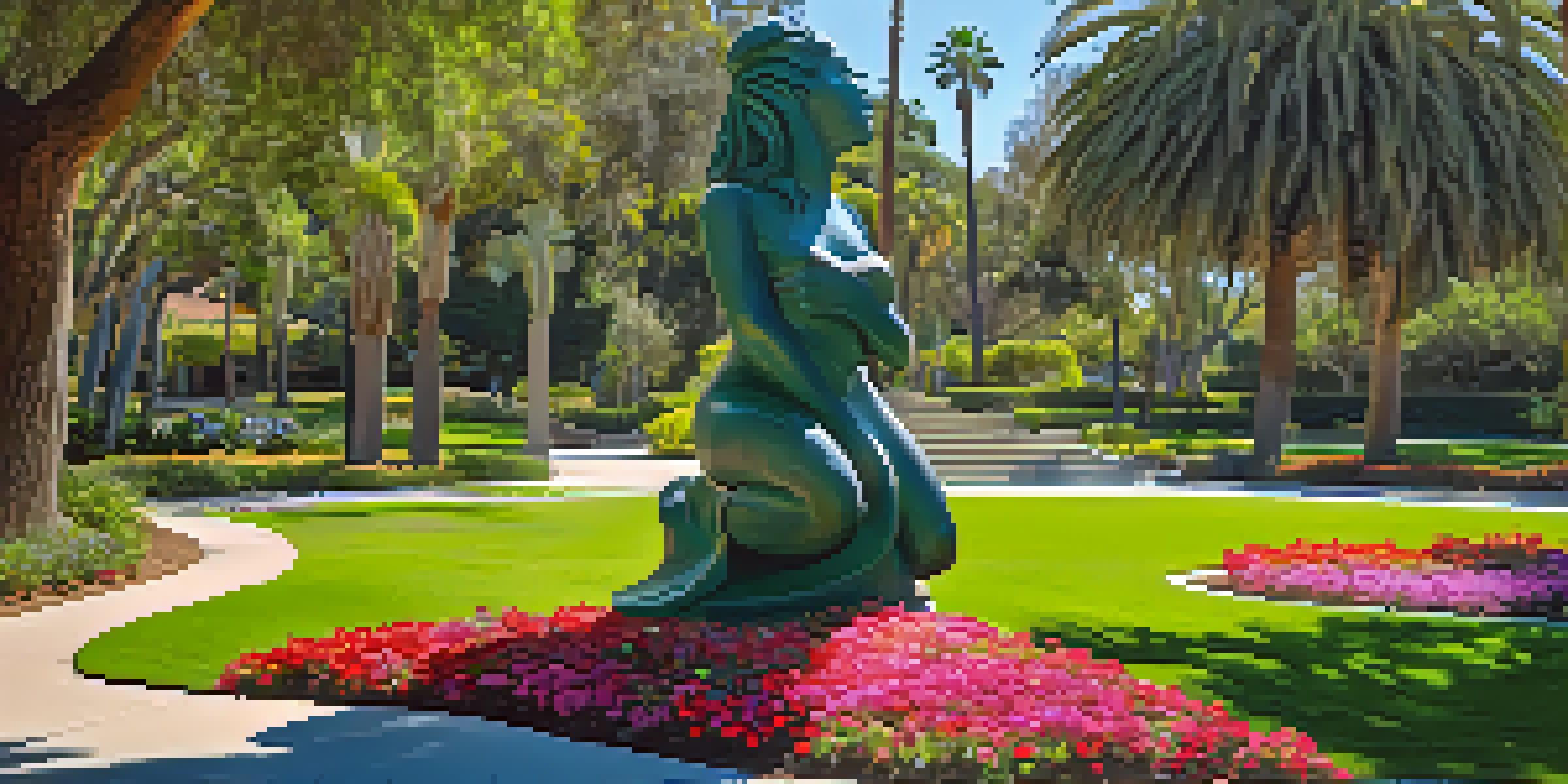 A colorful sculpture titled 'Spirit of Santa Barbara' in a park, surrounded by flowers and trees, with sunlight creating soft shadows.
