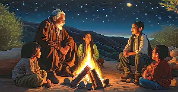 A Chumash elder tells stories to children around a campfire under a starry sky, surrounded by greenery.
