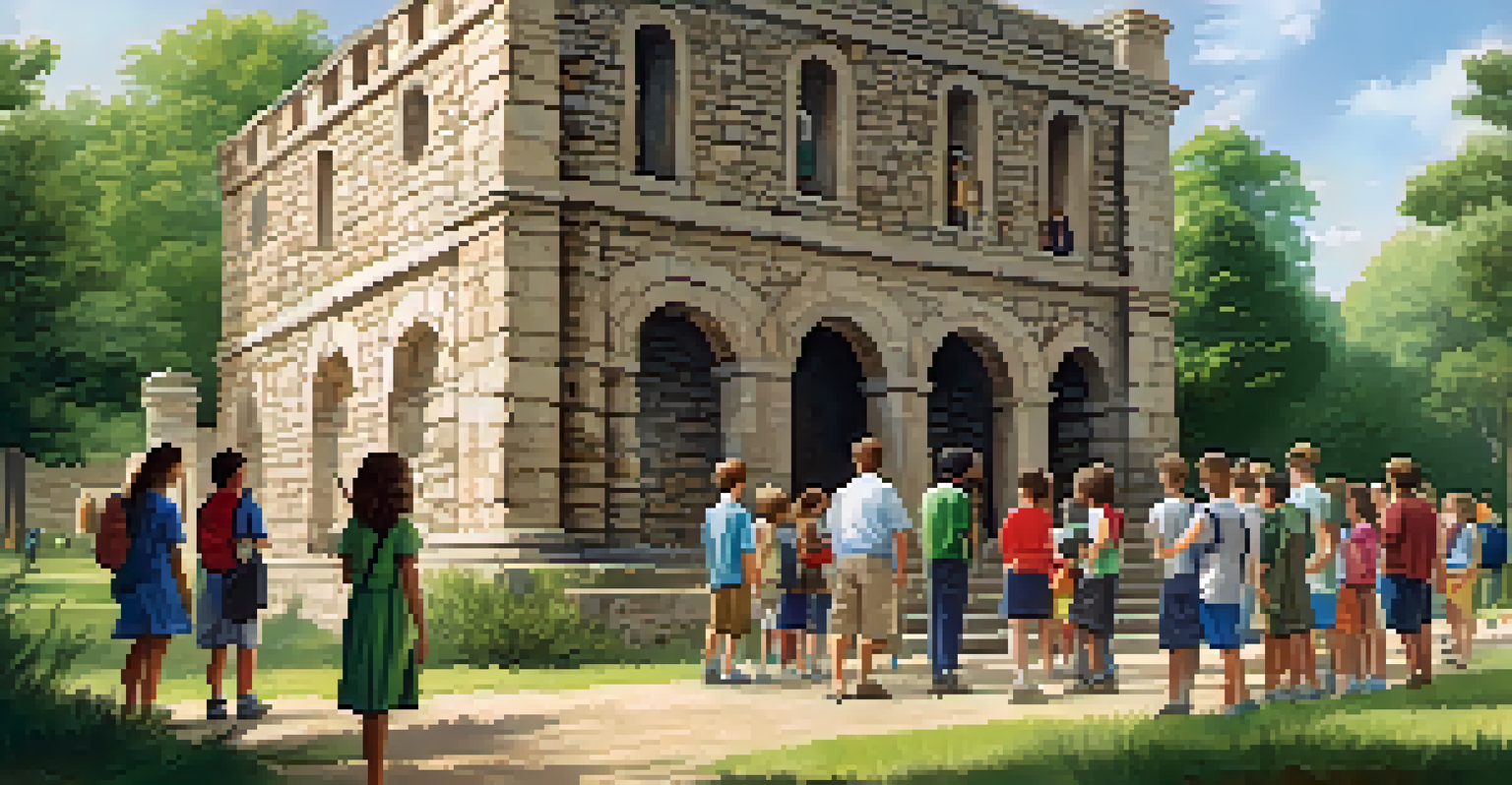 Students on a field trip learning about history at a preserved stone building, engaged with a guide amidst a green landscape.
