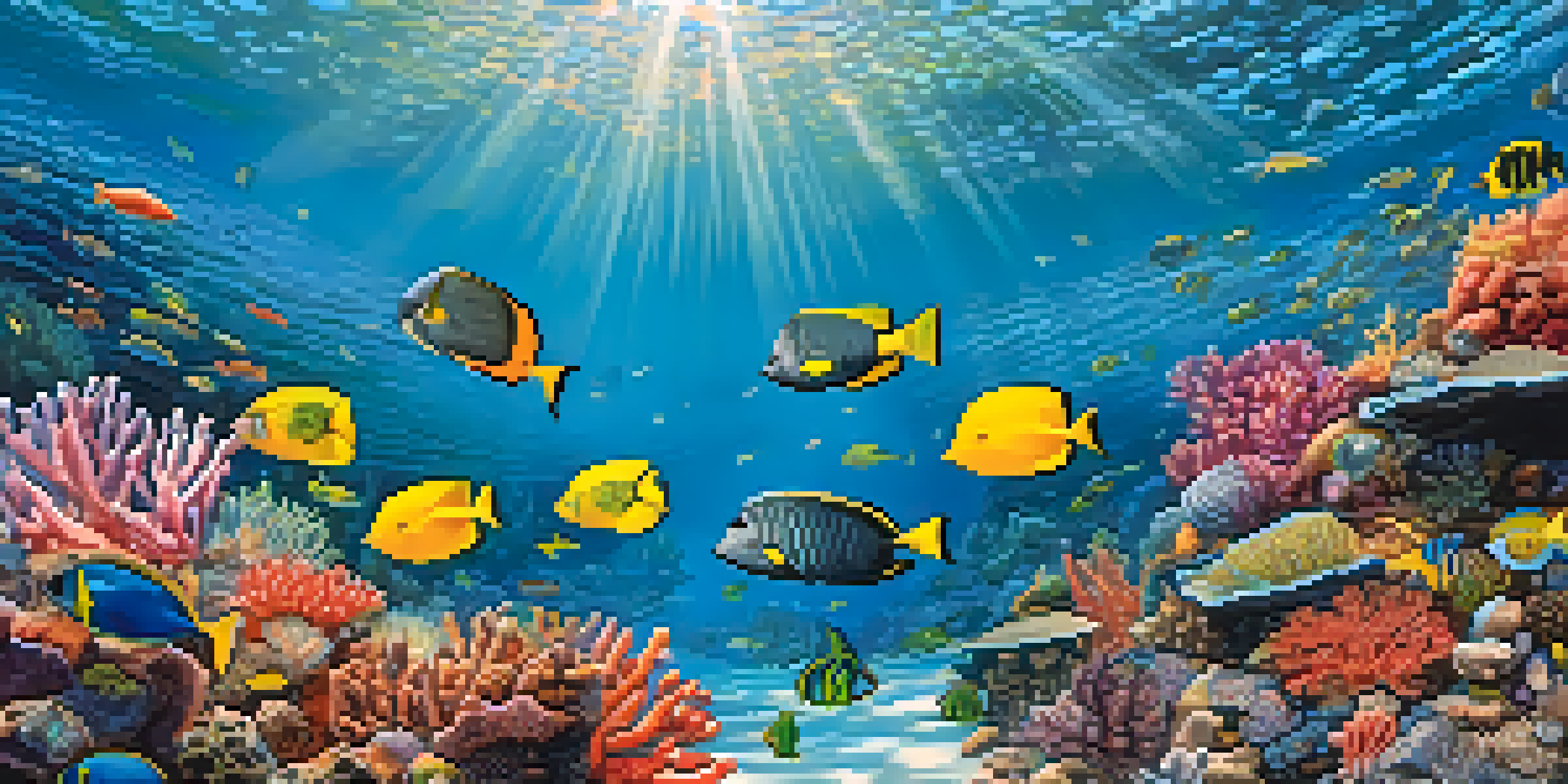 An underwater scene with a colorful coral reef filled with diverse fish and marine life, illuminated by sunlight.