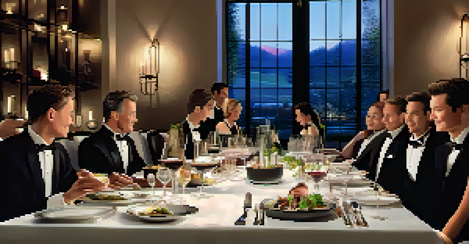 A fine dining setting for a wine and food pairing dinner, featuring beautifully plated food and wine.