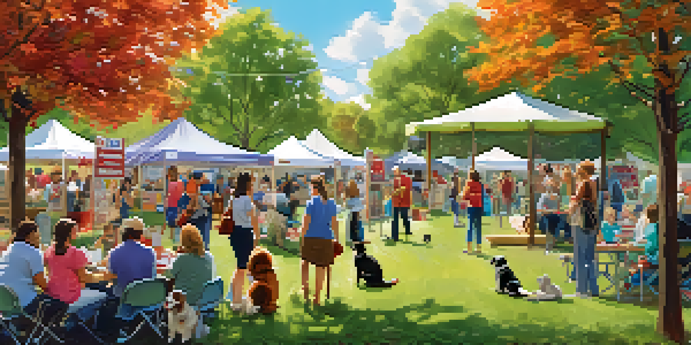 A lively community animal rescue event in a sunny park, showcasing families, children, and adoptable pets with colorful booths and joyful interactions.
