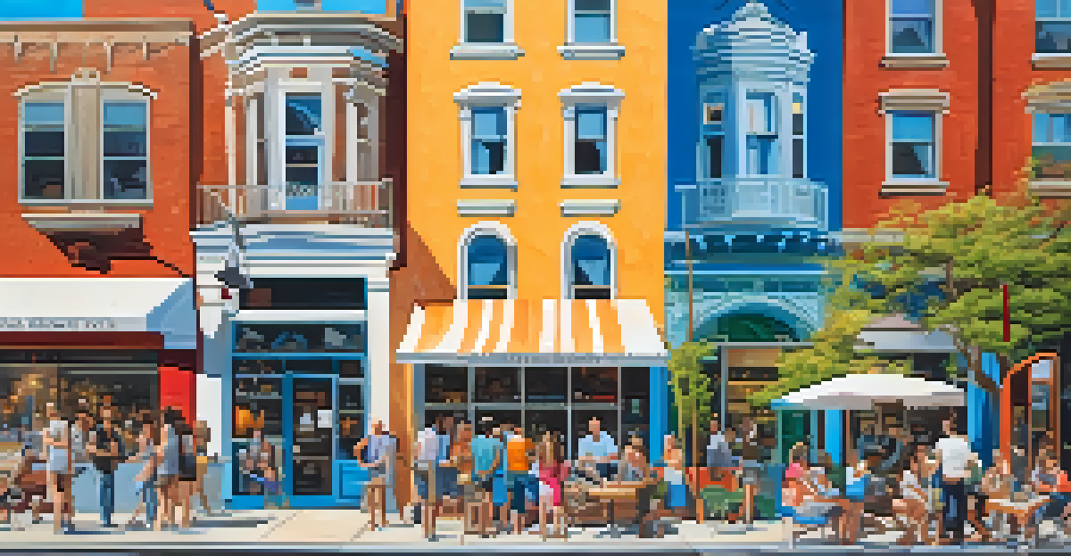 A historic neighborhood during an art walk with street art, people strolling, and food trucks under a bright blue sky.