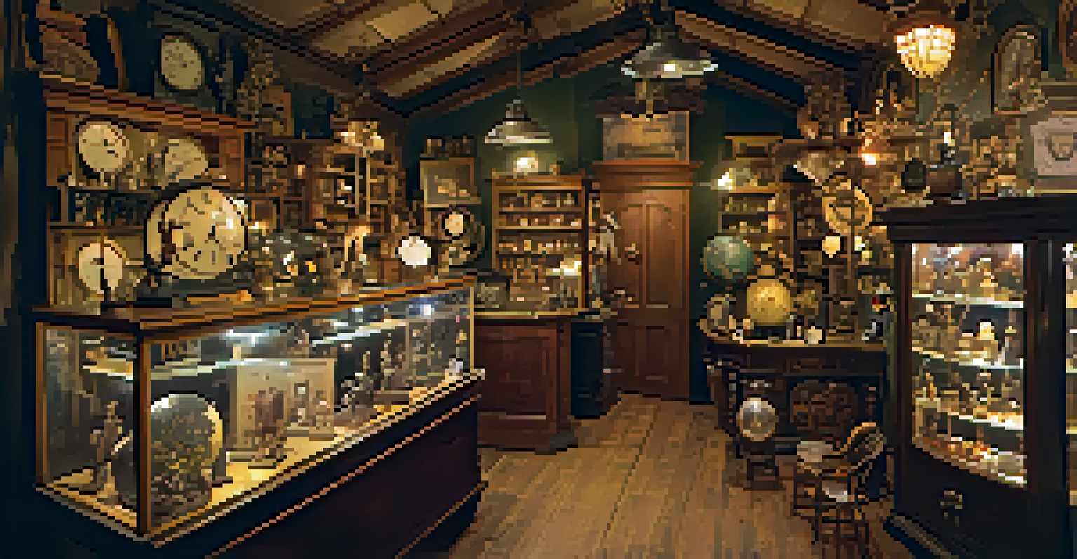 Inside The Old Curiosity Shop, showcasing quirky antiques and oddities like vintage taxidermy and whimsical clocks, with warm fairy lights creating a magical atmosphere.