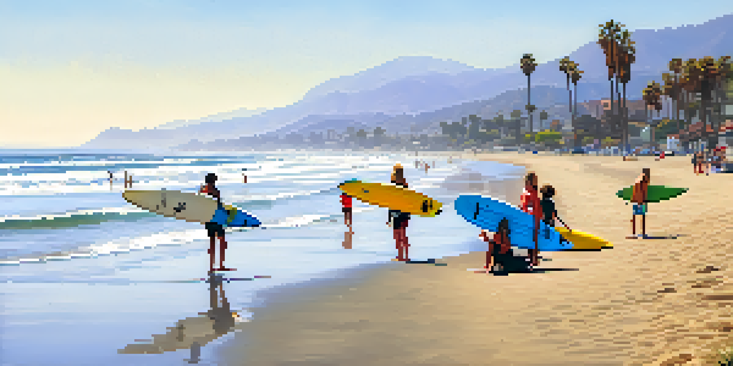 A sunny beach scene at East Beach in Santa Barbara, with beginner surfers and an instructor by the water.