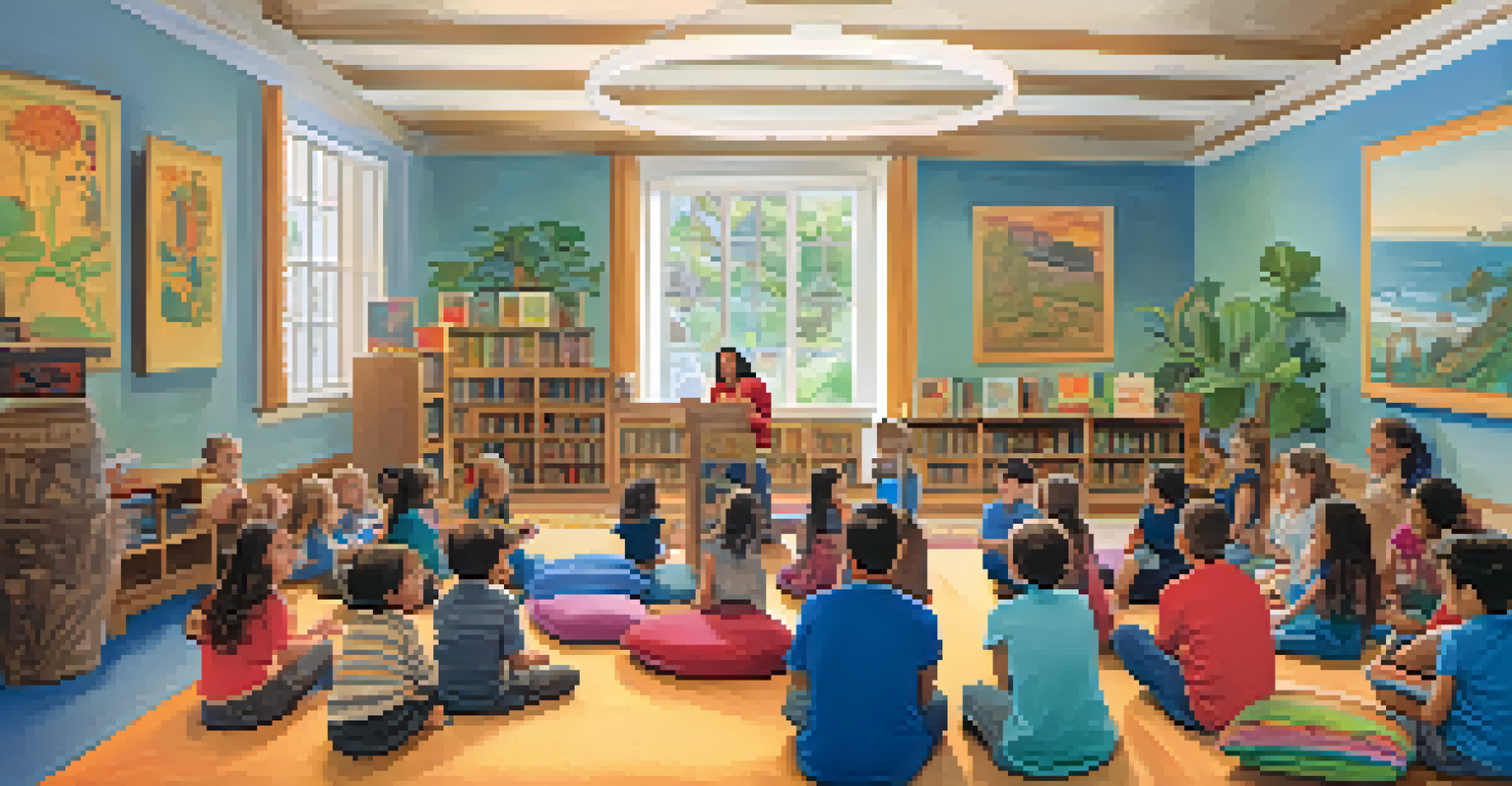 A storyteller engaging families in a cozy library setting, with children sitting on colorful cushions, listening to captivating tales.