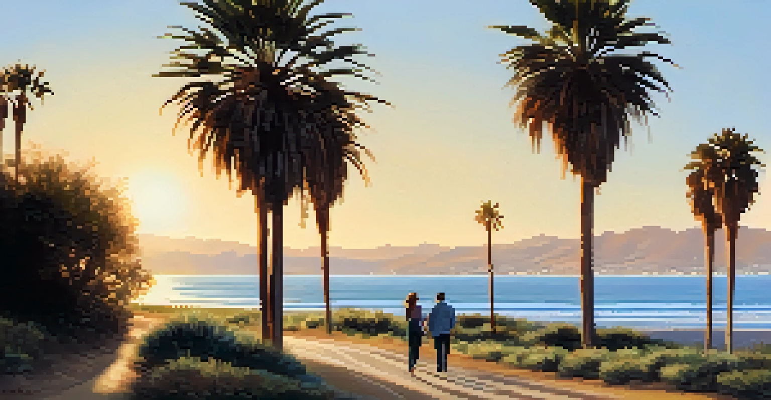 Couple walking along Cabrillo Boulevard beach in Santa Barbara with palm trees and mountains in the background.