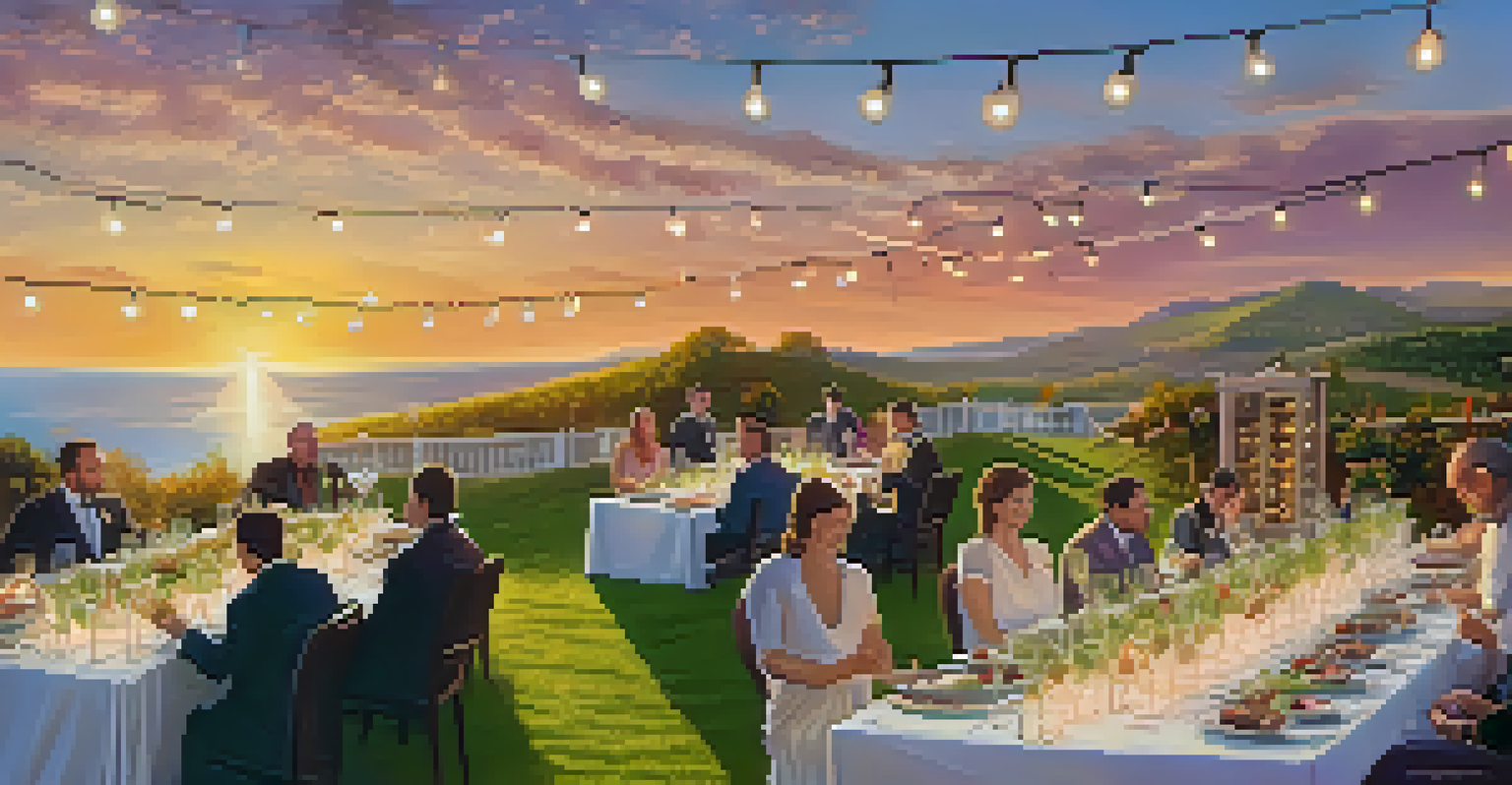A beautifully arranged dining table at a food and wine pairing event with sunset and string lights, featuring gourmet dishes and wines.
