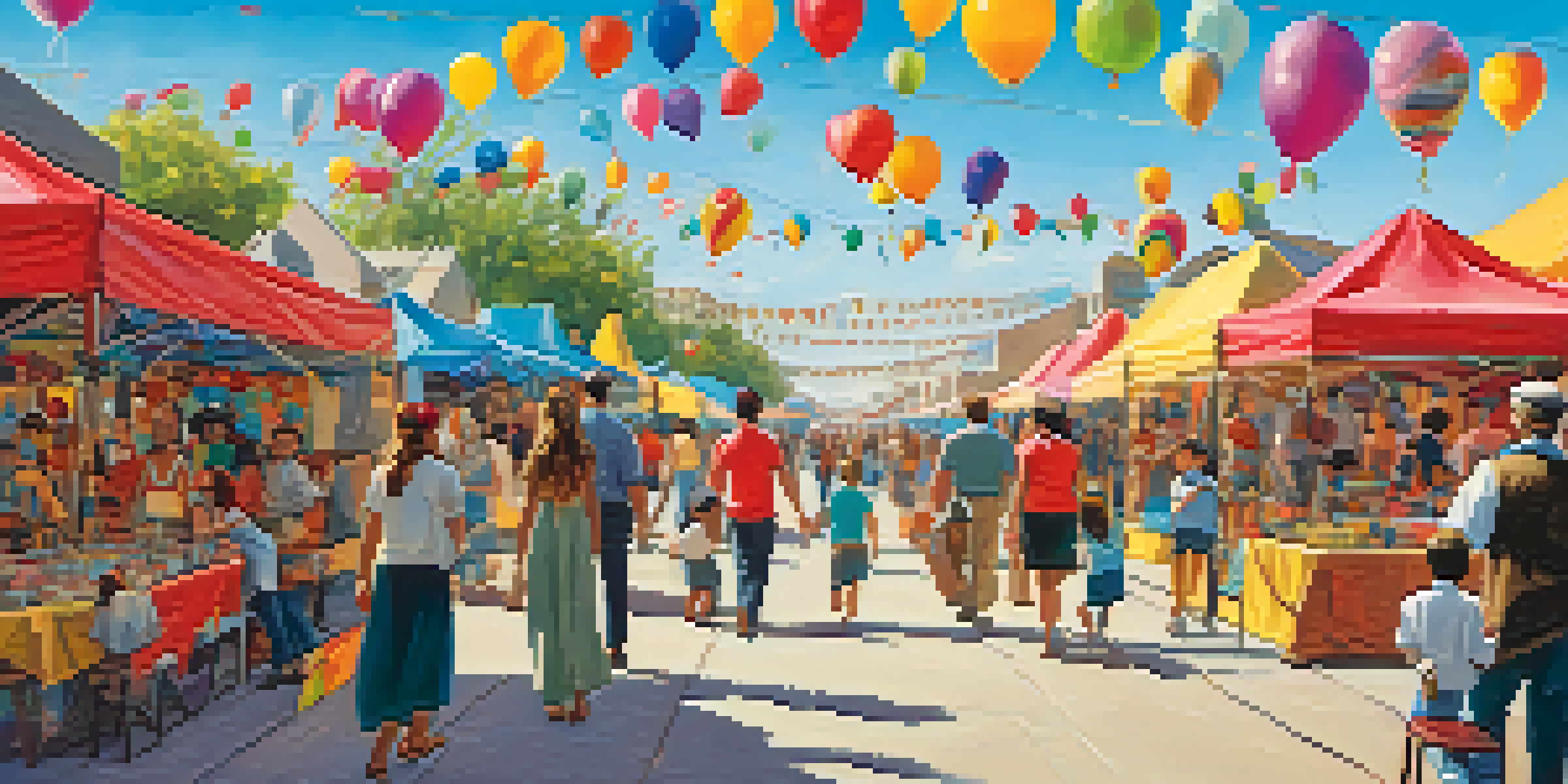 A family at an art festival with colorful booths and children participating in creative activities.