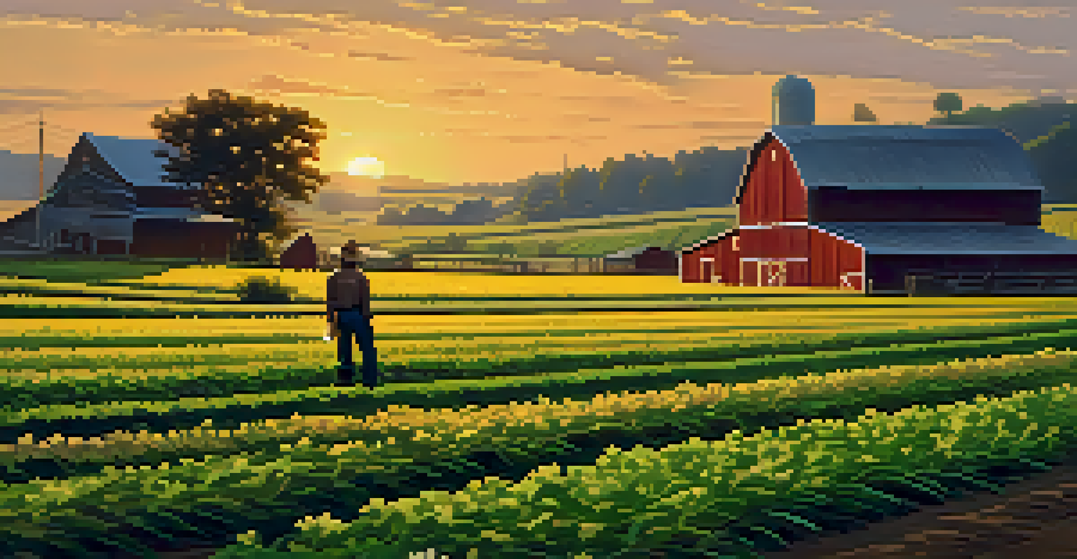 A serene farm landscape at sunset with a farmer tending to crops, surrounded by flowers and a rustic barn.