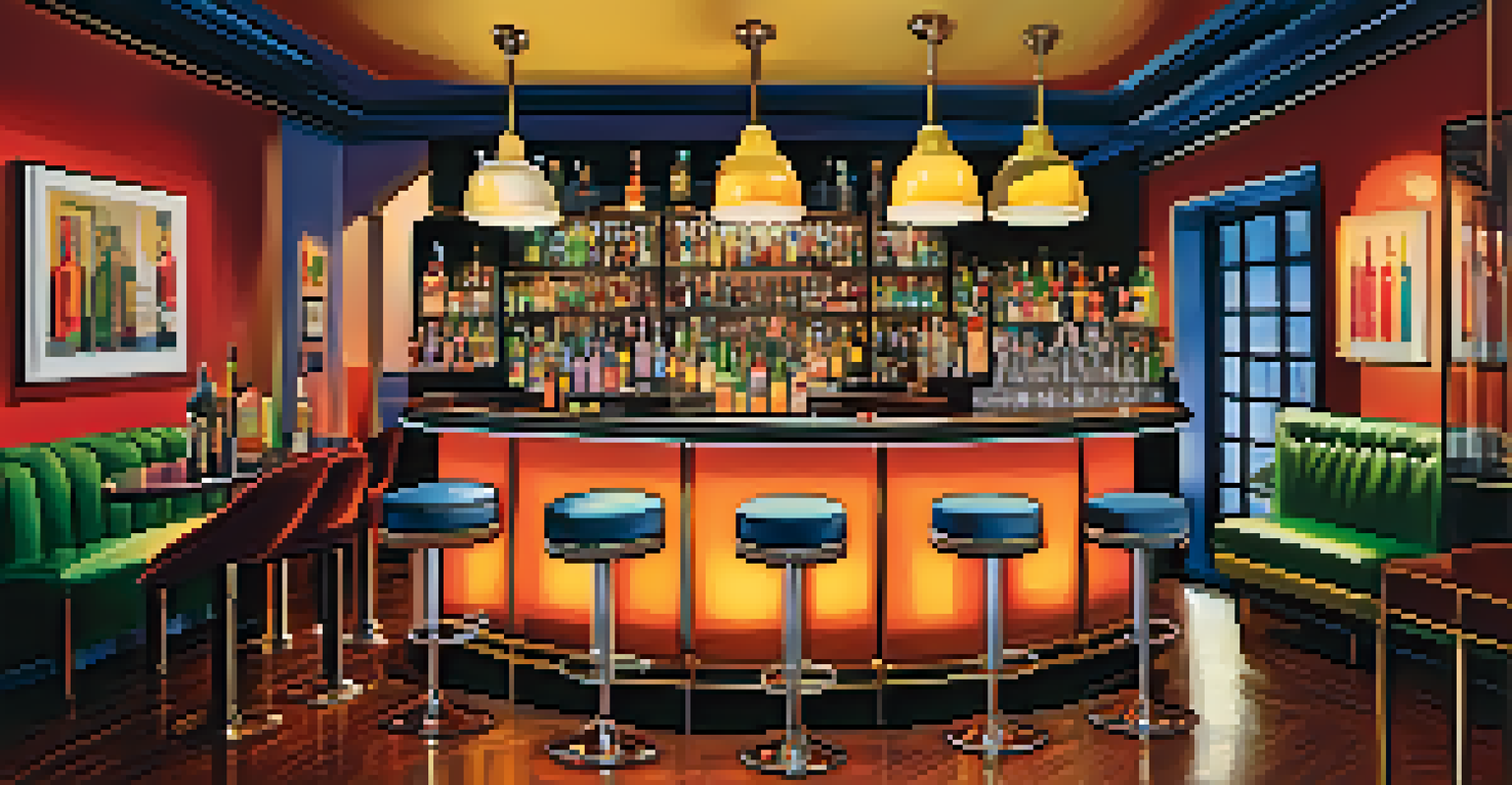 A stylish cocktail lounge with vibrant decor and patrons enjoying drinks in a cozy atmosphere.