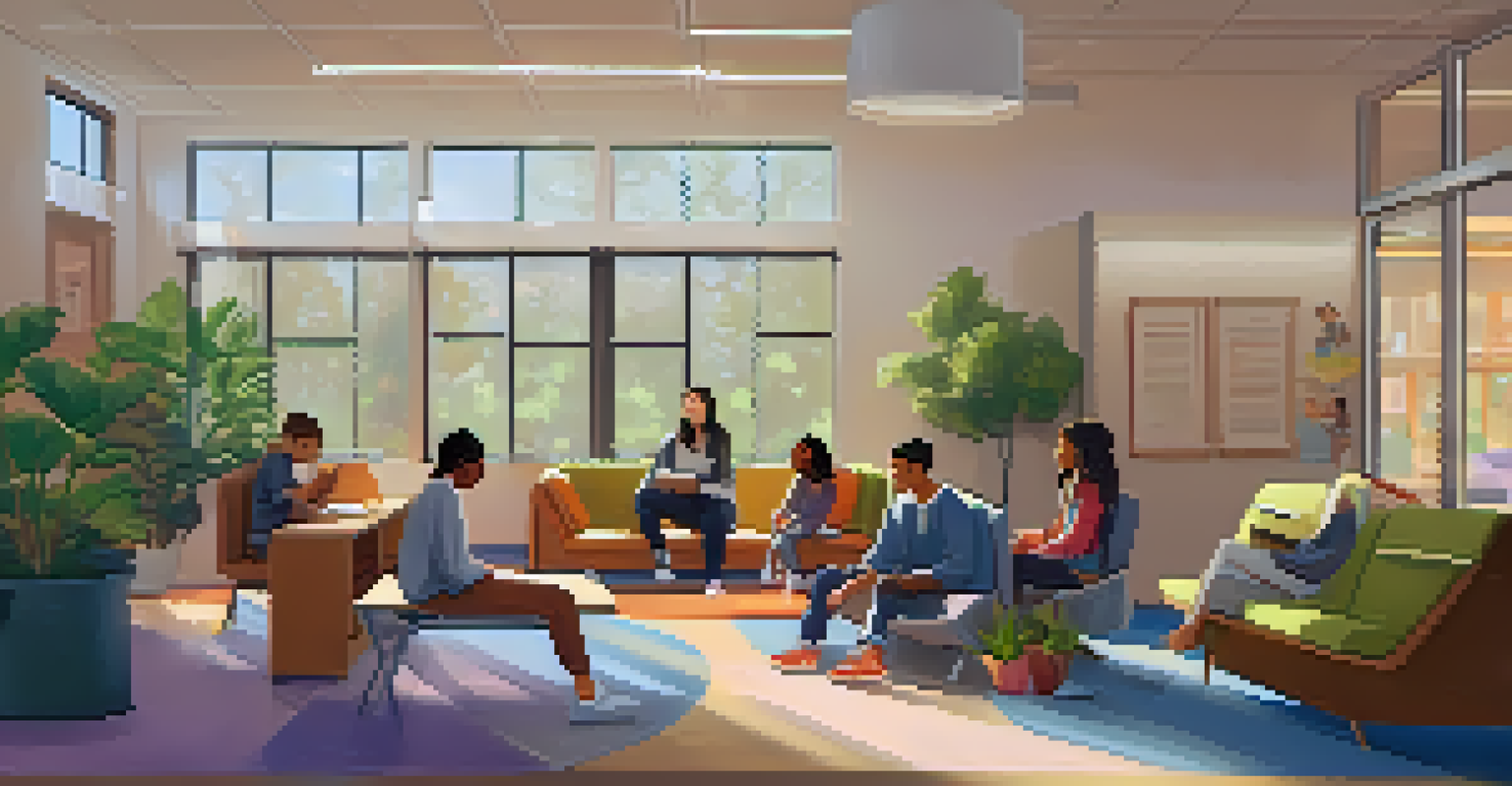 A student and counselor sitting in a cozy library corner, engaging in a mental health support session amid a peaceful setting.