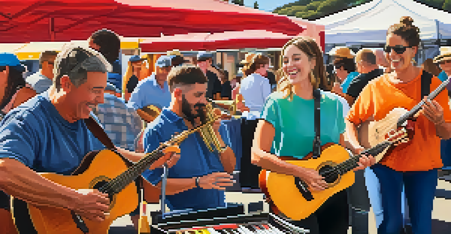 Local musicians performing at a farmers' market in Santa Barbara, capturing their joyful expressions and instruments, with fresh produce stalls in the background.