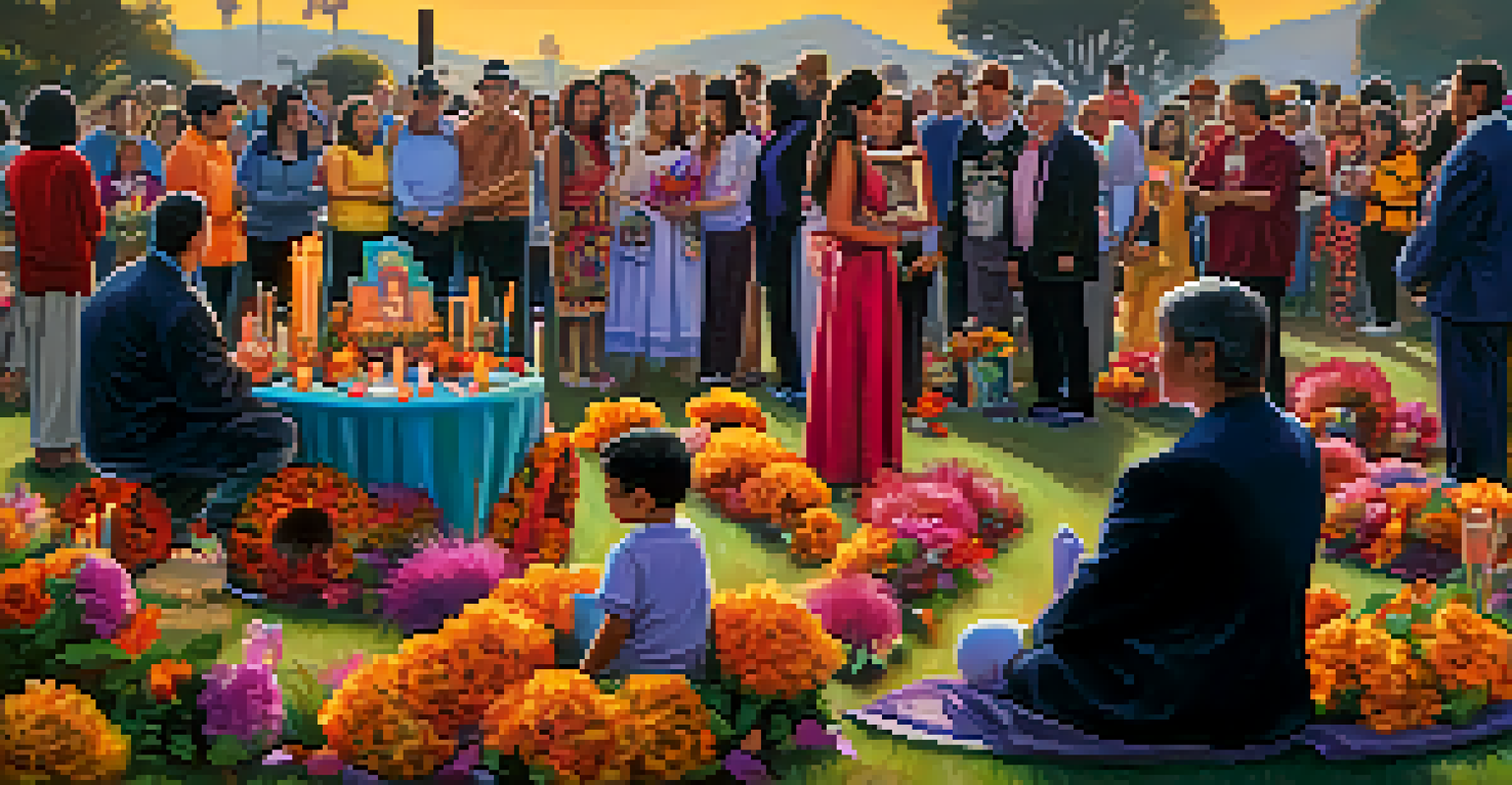 Families celebrating Dia de los Muertos in Old Mission Cemetery, with colorful altars decorated with flowers and candles, highlighting cultural traditions.