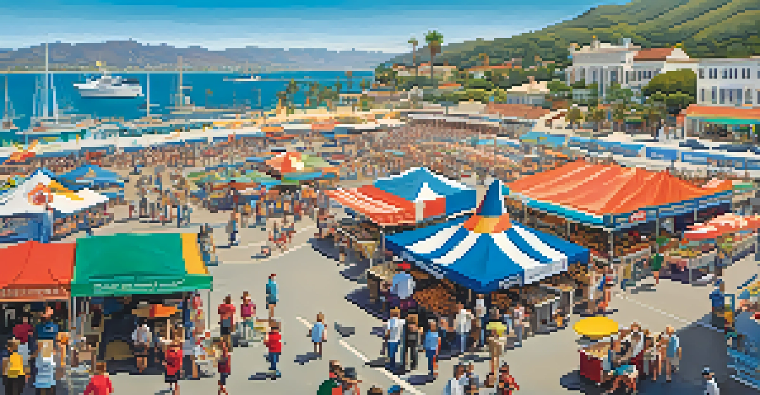 Aerial view of the Harbor and Seafood Festival in Santa Barbara, showcasing colorful stalls, families enjoying seafood, and a beautiful harbor backdrop.