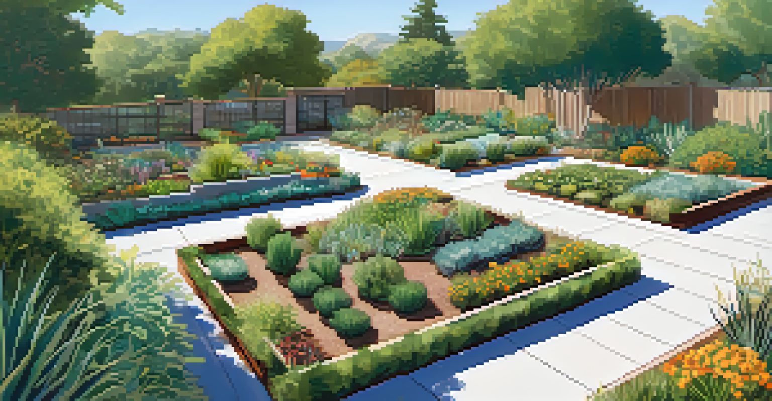 Aerial view of a drought-resistant garden with sections for sun and shade plants, raised beds, mulch, and a drip irrigation system under a clear blue sky.