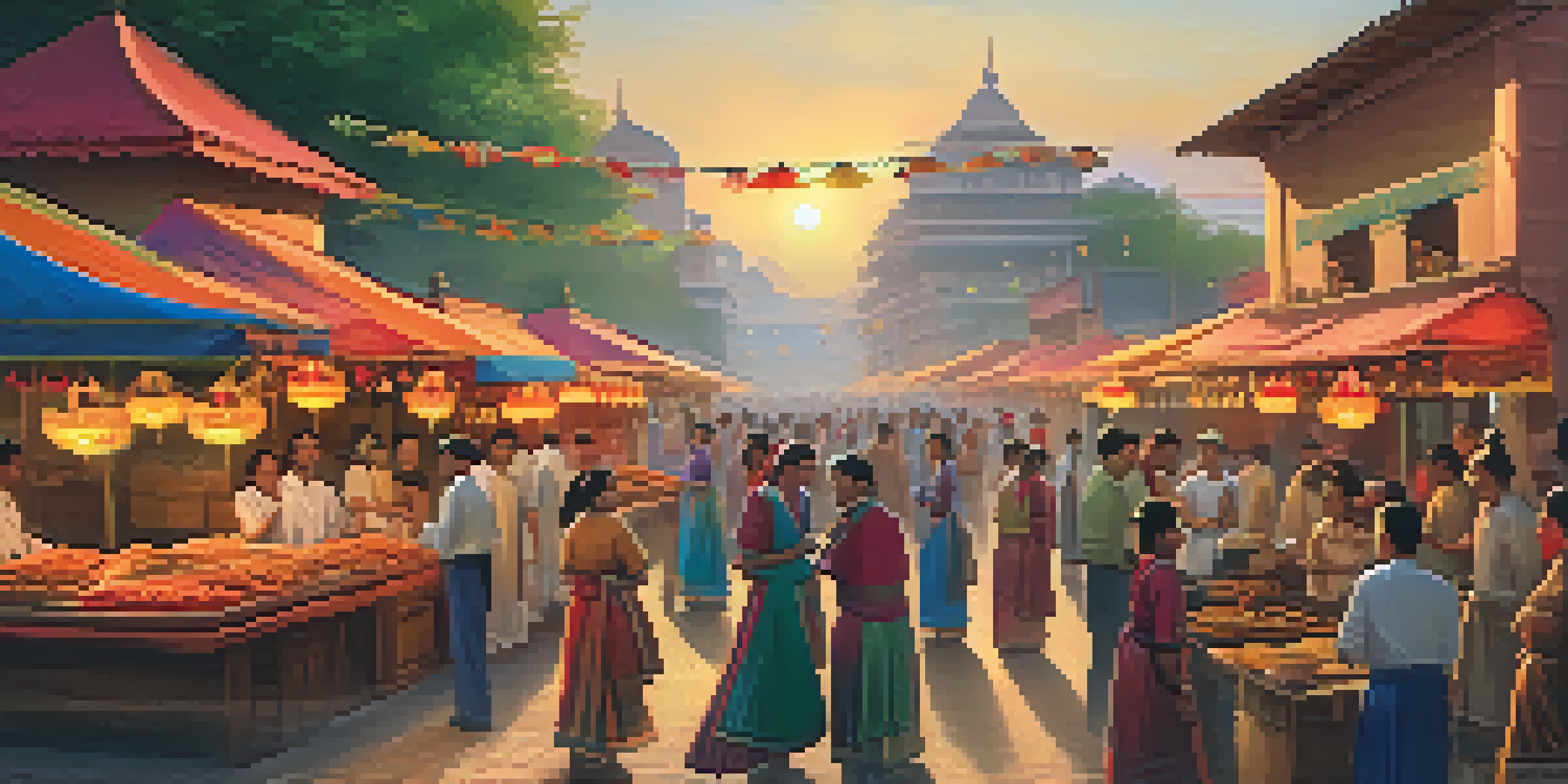 A lively street festival with people in traditional clothing, colorful decorations, and food stalls, illuminated by a warm sunset.
