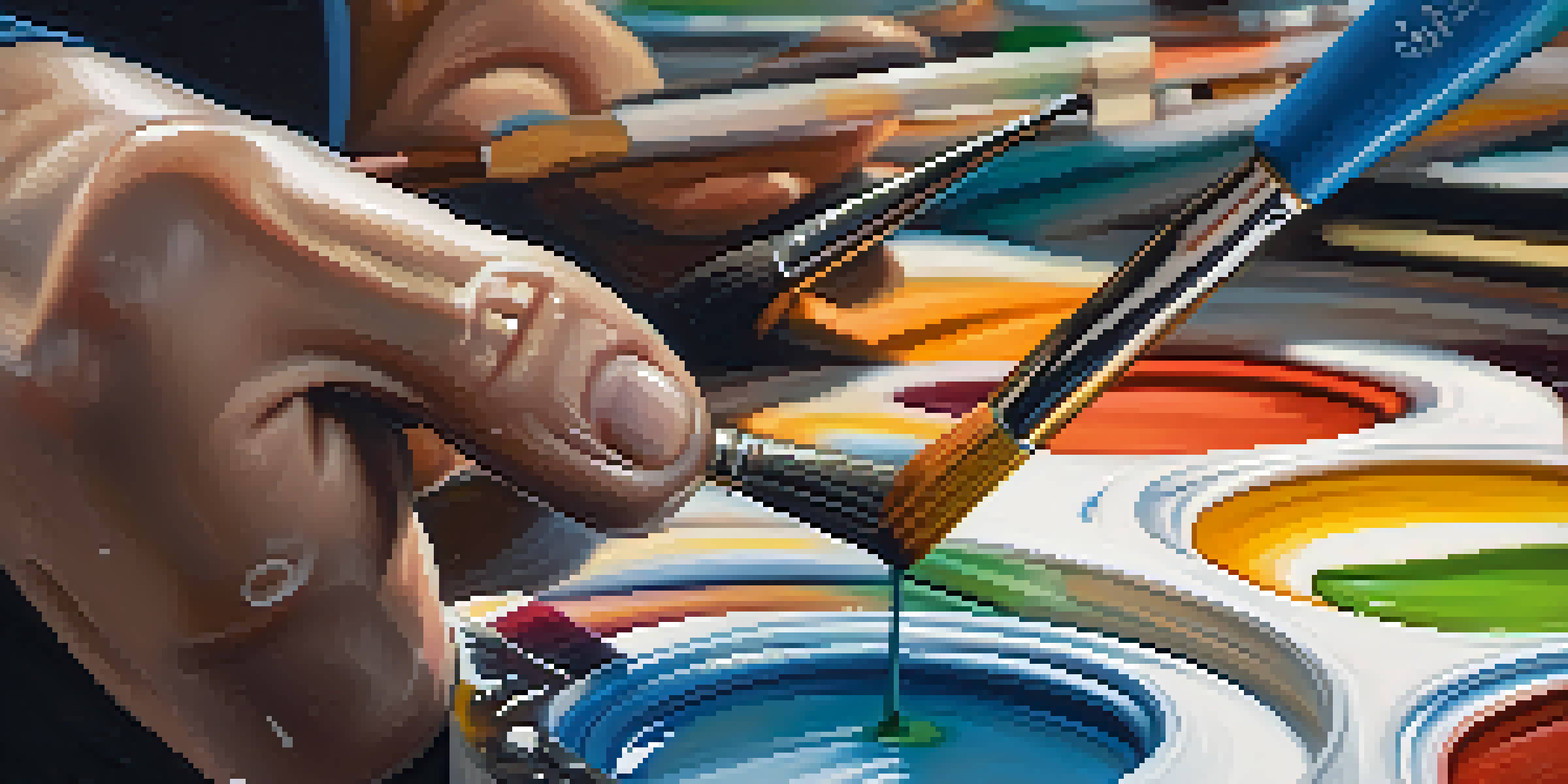A close-up of a hand painting on a canvas with vibrant colors and blending paint.