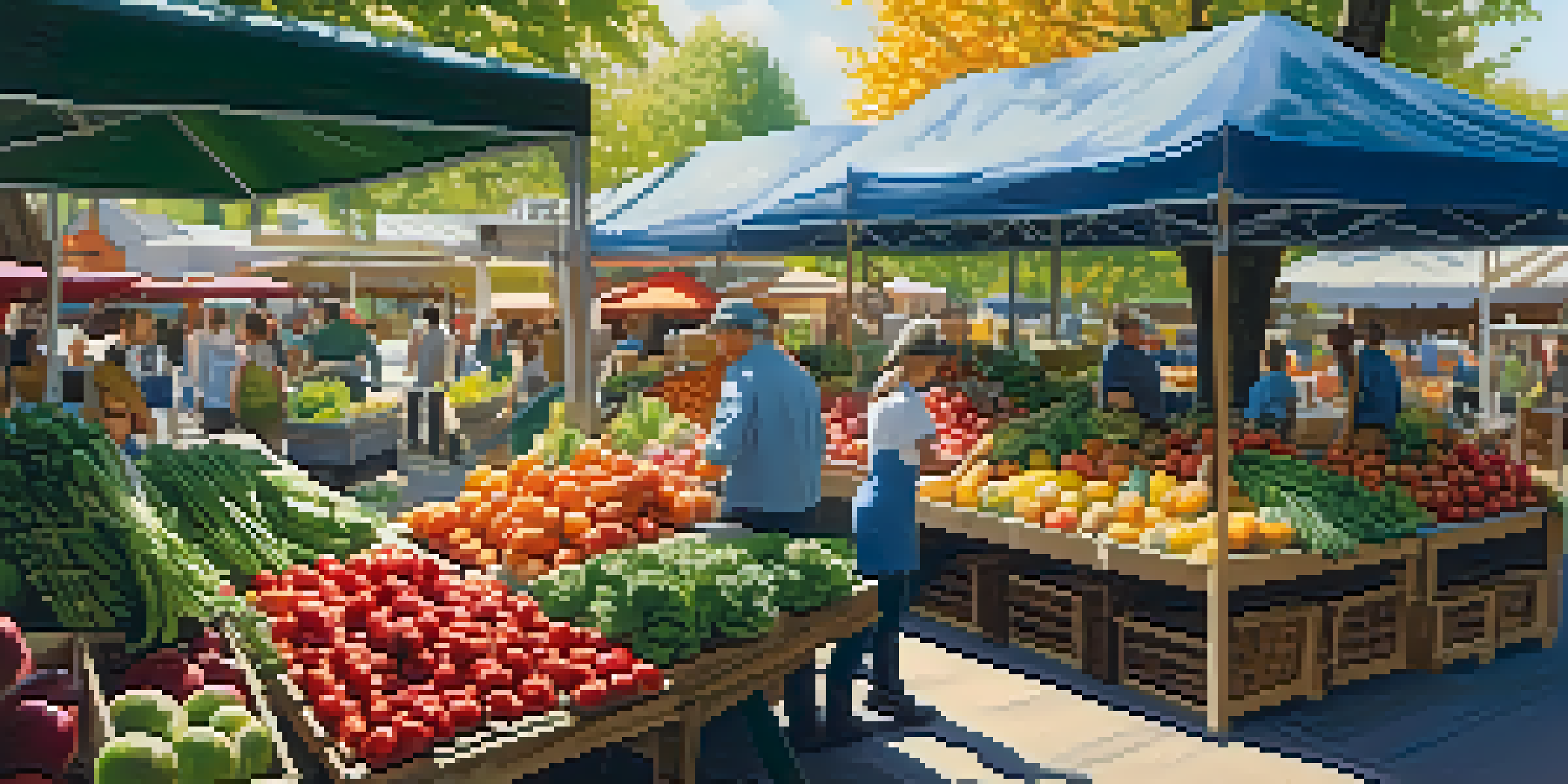 A lively farmer's market with colorful fruits and vegetables, sunlight filtering through trees, and farmers engaging with customers.