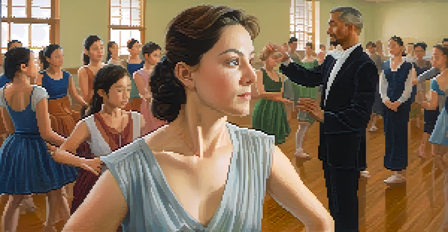 A dance instructor demonstrating a traditional movement in a classroom, with attentive students observing her graceful actions.