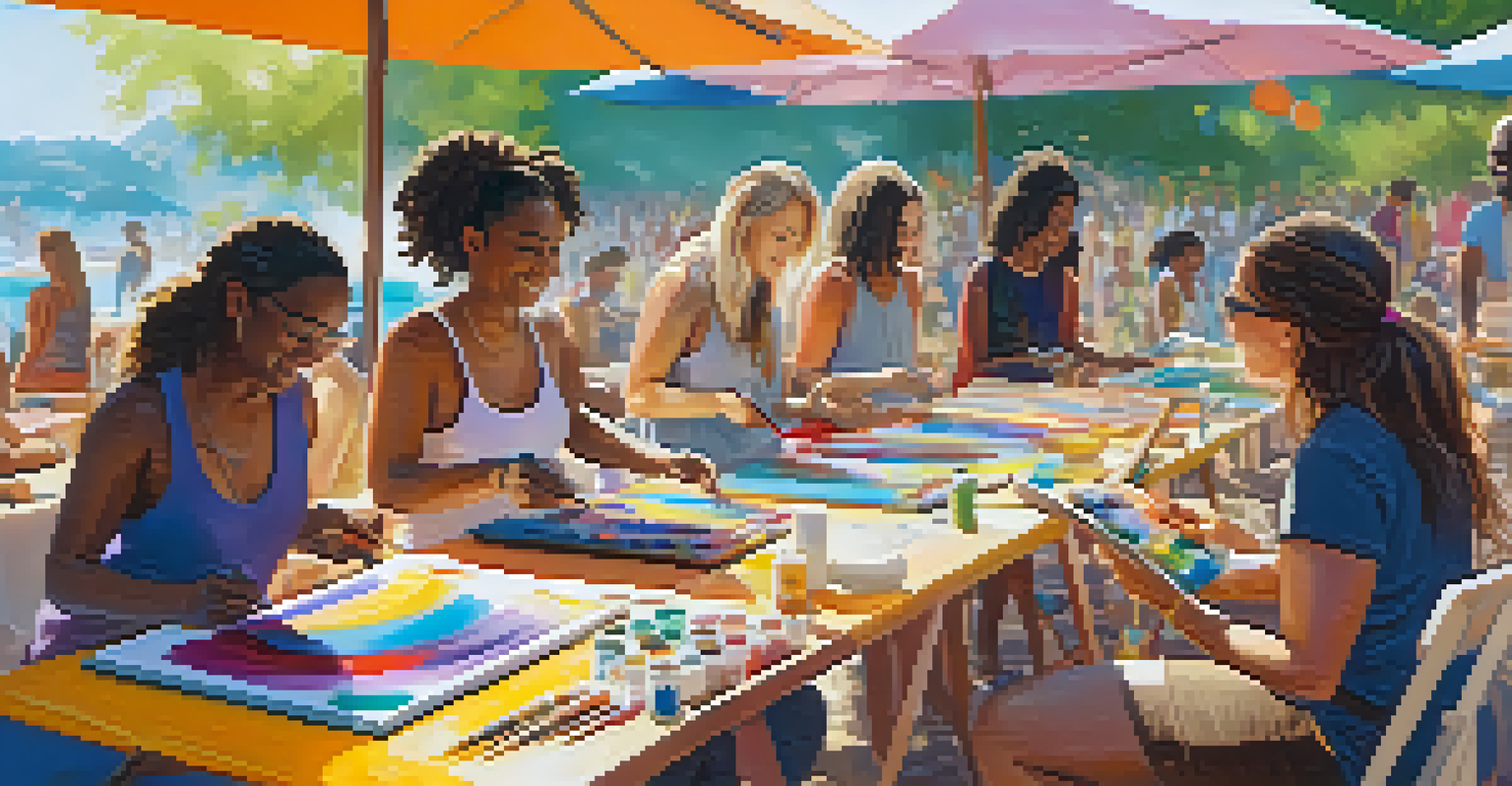 Participants at a wellness festival engaged in an art therapy session, painting on canvases and surrounded by colorful artwork in a bright setting.