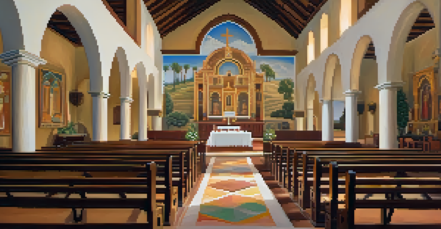 An interior view of Santa Barbara Mission, focusing on the ornate altar and detailed murals, bathed in warm lighting.