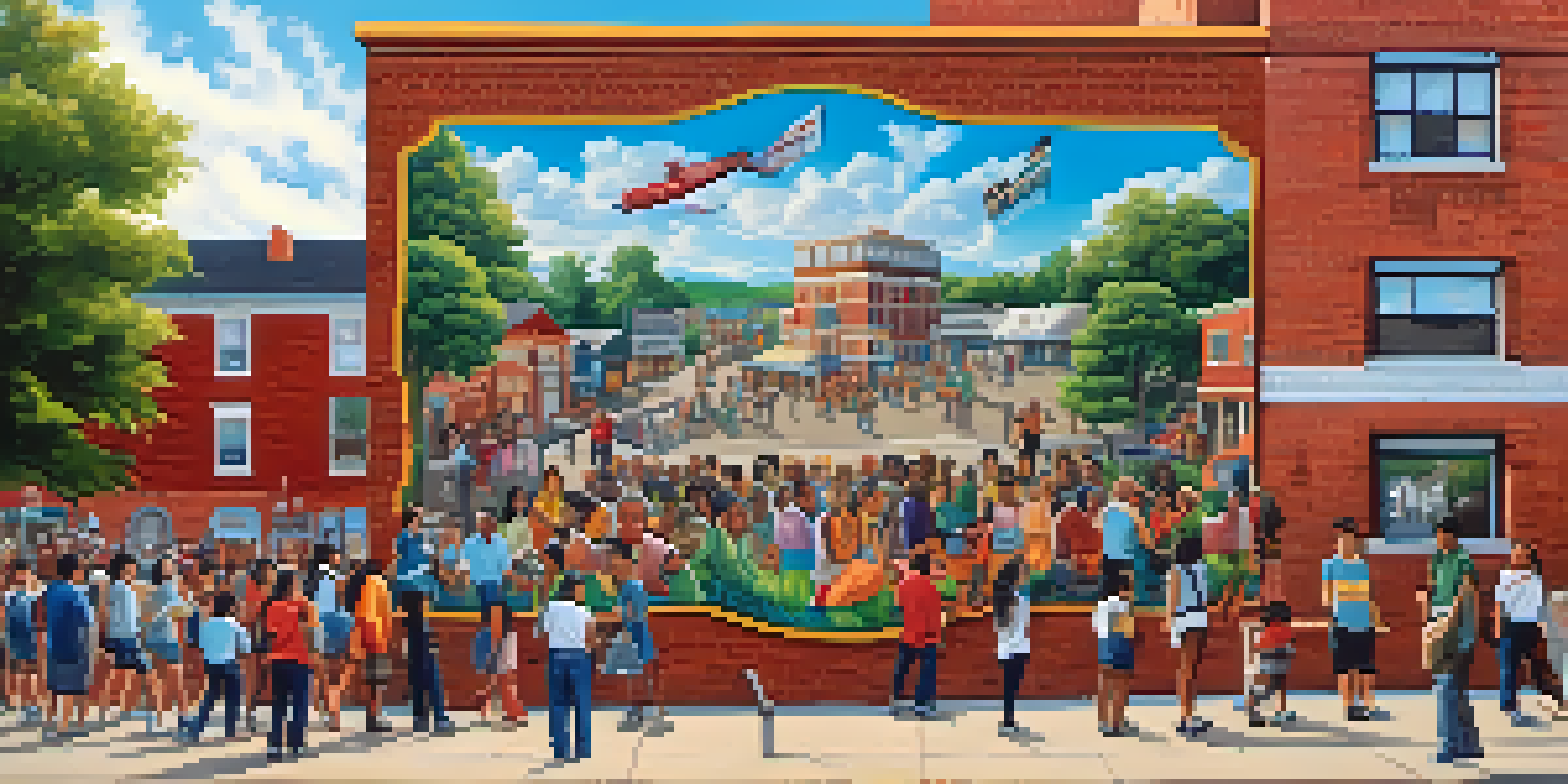 A colorful mural on a brick wall illustrating the history and culture of the neighborhood, with people around admiring it.