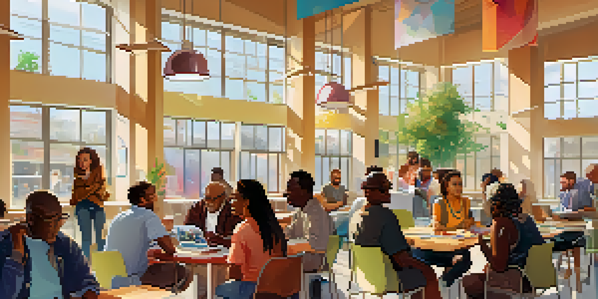 A diverse group of individuals engaged in a discussion in a bright community center, with colorful posters and digital devices around them.