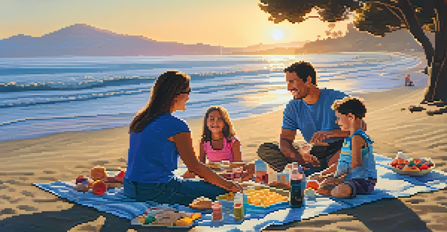 A family having a beach picnic with children playing in the sand and parents enjoying the ocean view at sunset.