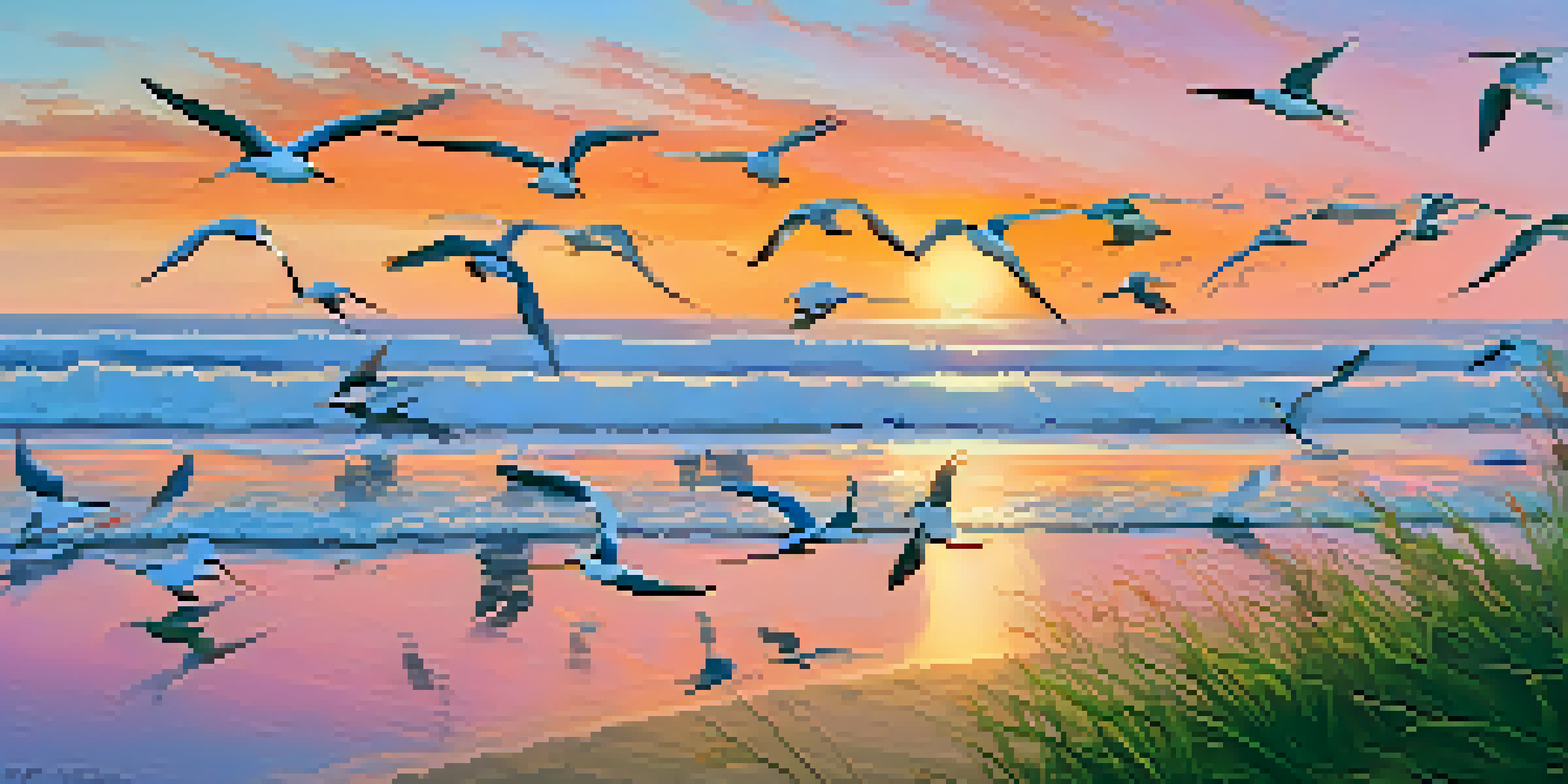 A peaceful morning scene at Goleta Beach with birds on the shore and a colorful sunrise.