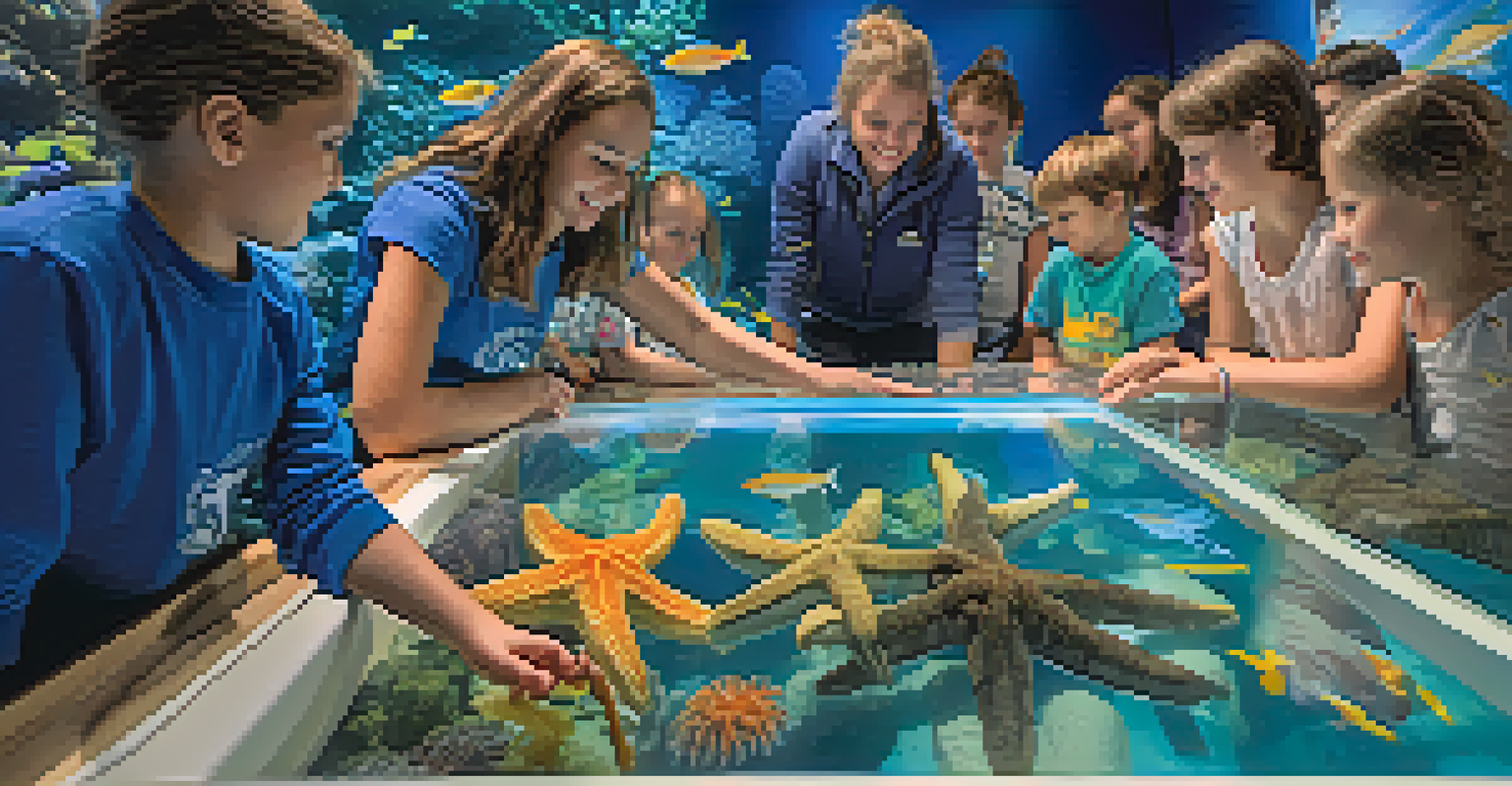 An aquarium touch tank exhibit where visitors interact with sea stars and sea cucumbers, with educational signage present.