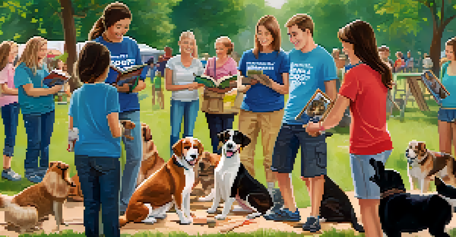 Volunteers educating families about responsible pet ownership at an animal rescue event, demonstrating training techniques with a dog.