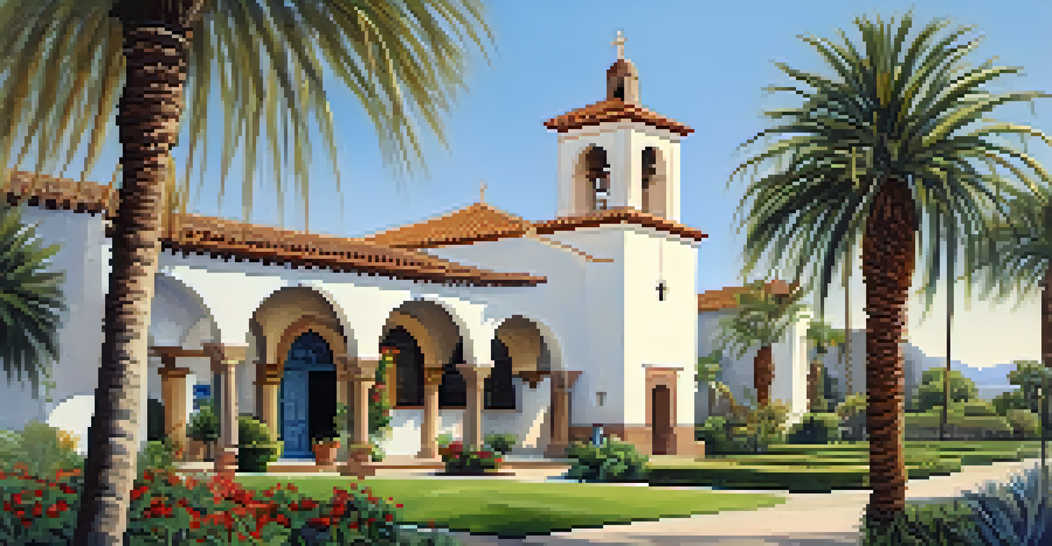The Old Mission Santa Barbara with its beautiful facade and gardens, surrounded by palm trees and a clear sky.