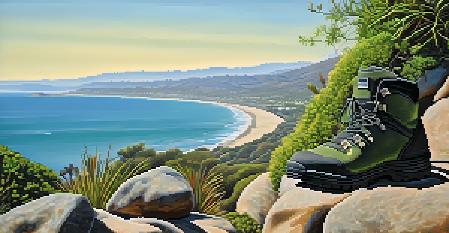 A close-up of a hiker's boots on a rocky trail with the sparkling Santa Barbara coastline in the background, emphasizing adventure and exploration.