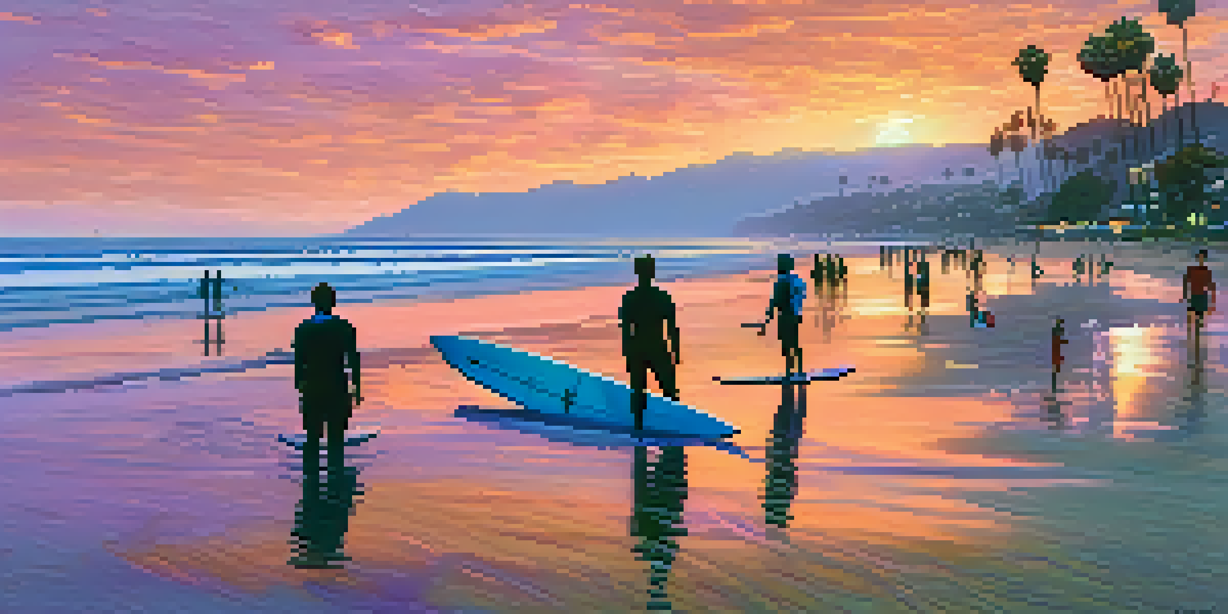 A beautiful sunset at Leadbetter Beach in Santa Barbara, with beginner surfers paddling on soft-top boards and beachgoers enjoying the sand.