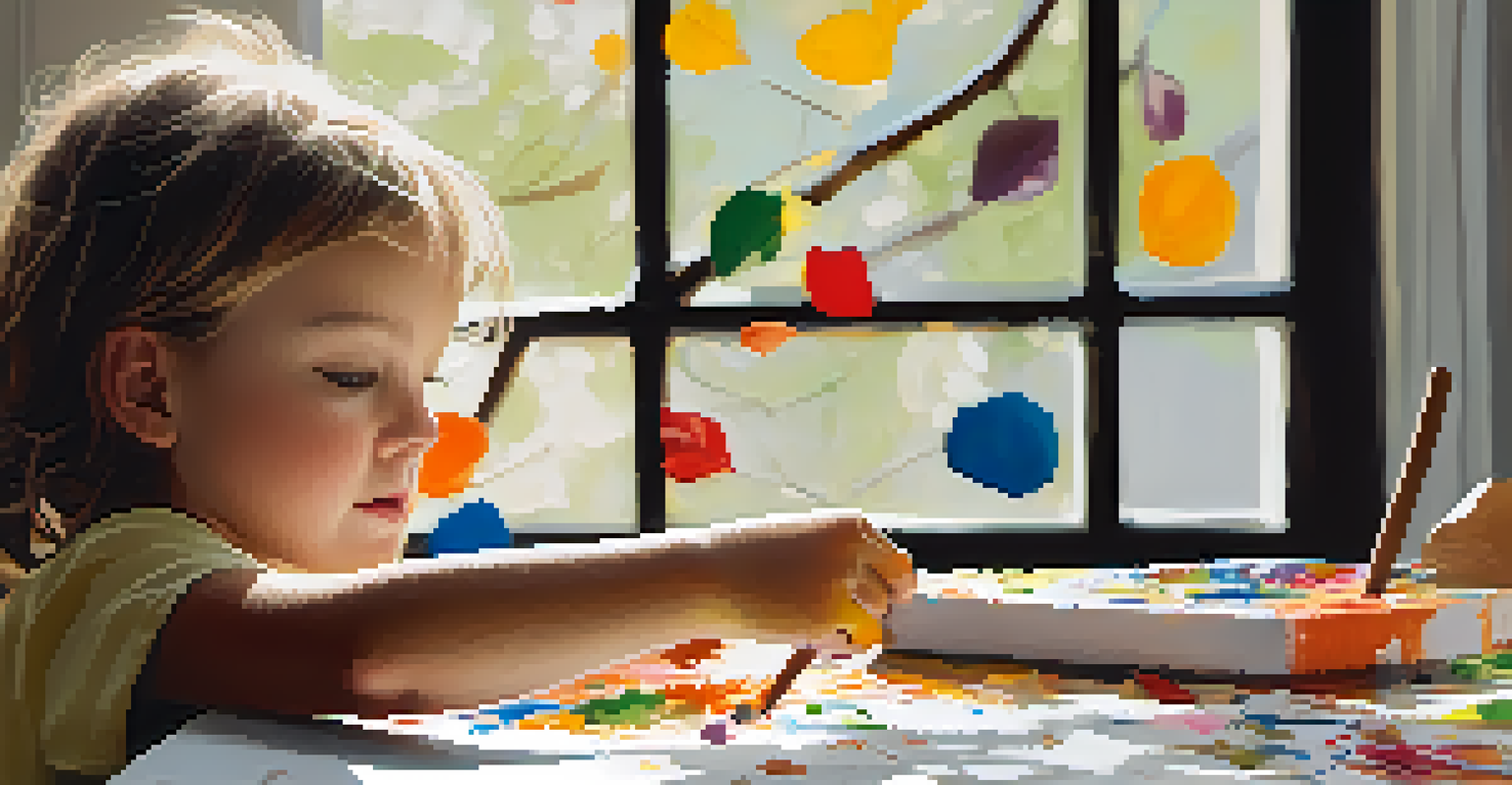 A child's hands covered in paint making a nature-inspired collage with various materials.