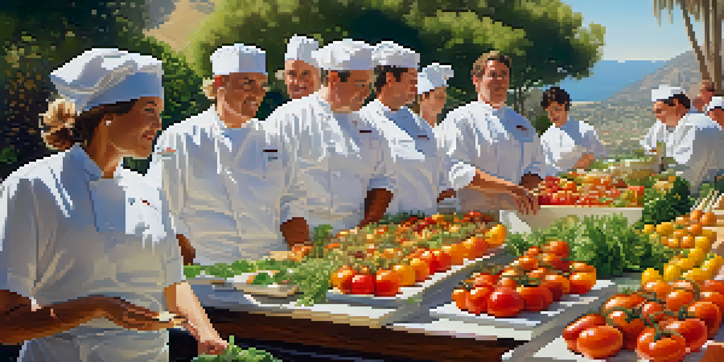 A long wooden table filled with colorful fresh ingredients and chefs discussing their dishes in a sunny Santa Barbara setting.