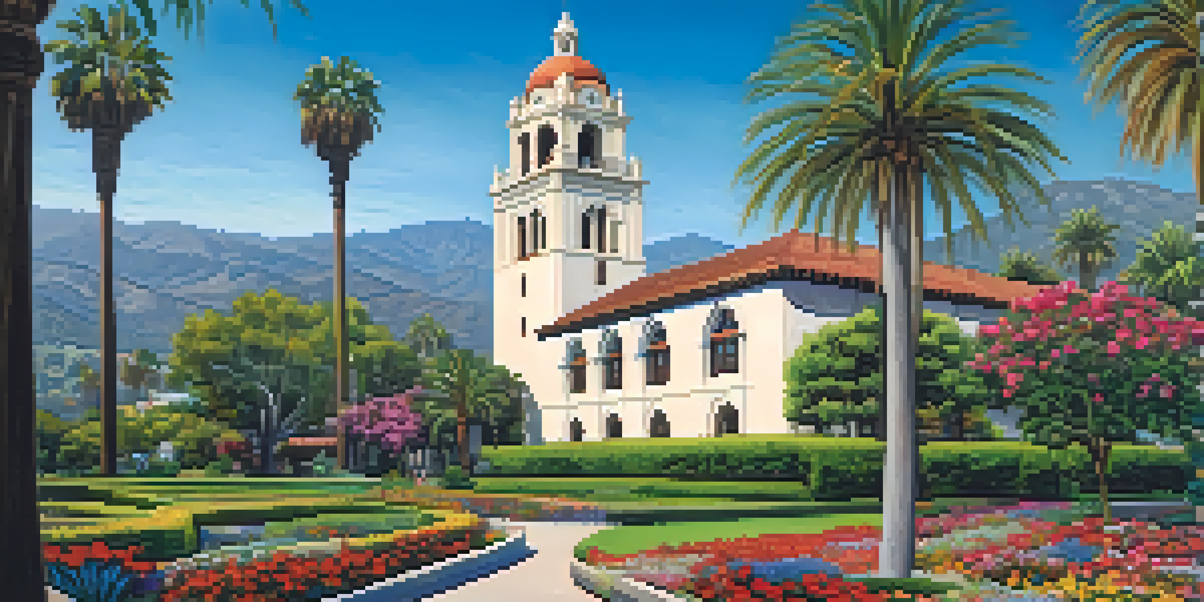 A beautiful Santa Barbara Courthouse with a clock tower and colorful tile work, surrounded by blooming gardens.