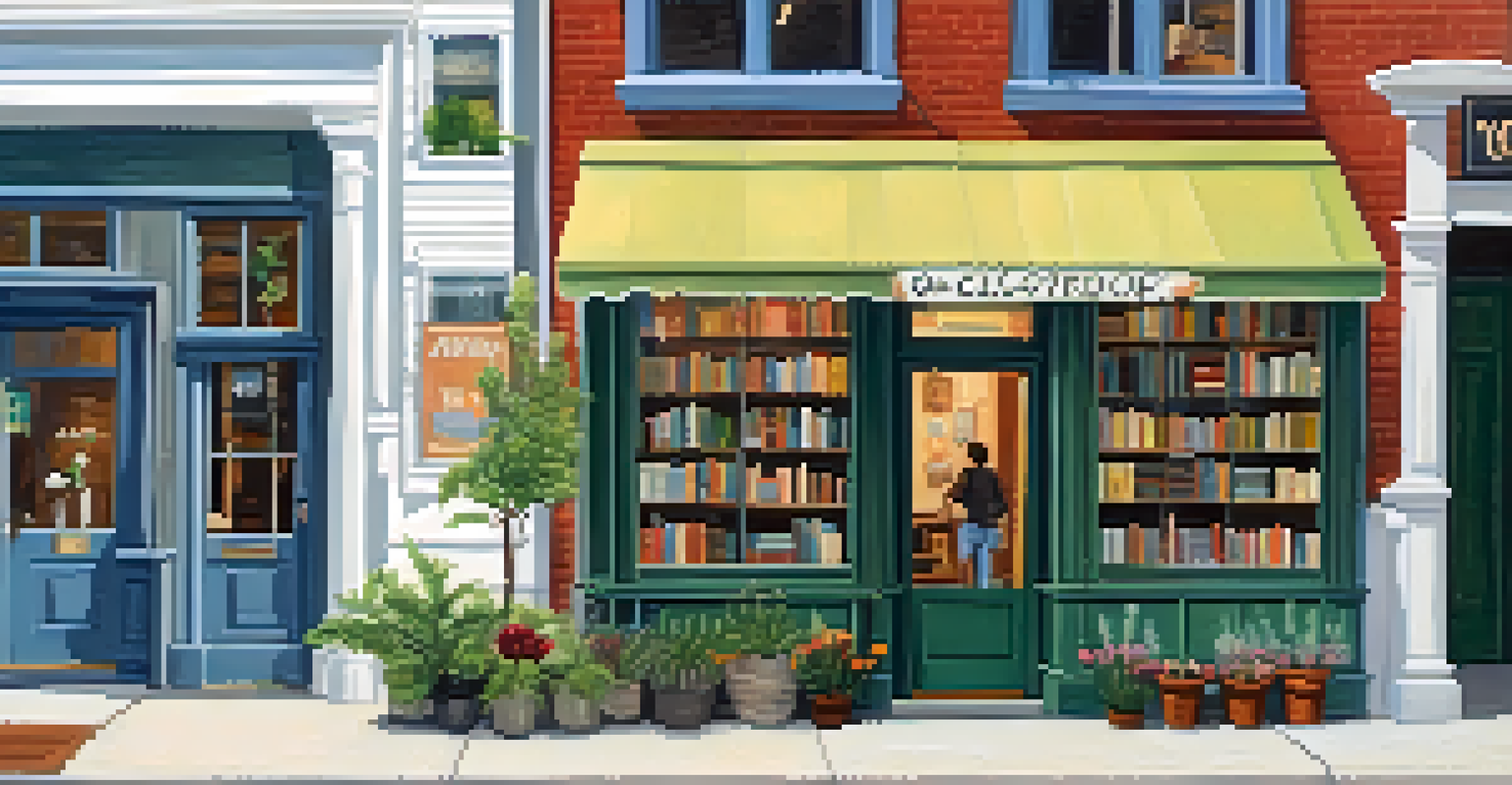 The exterior of a quaint local bookstore with a vintage sign, plants, and large windows showcasing books.