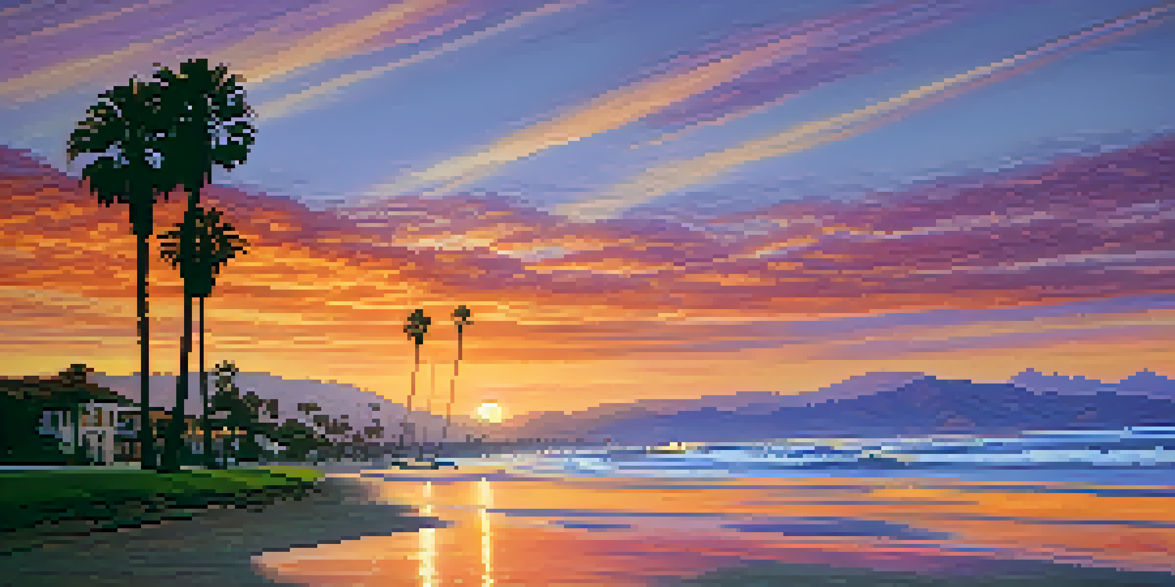 A sunset over Santa Barbara's coastline with palm trees and Spanish missions in the background.
