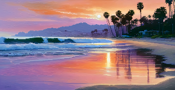 A beautiful sunrise over Santa Barbara's beach with colorful sky and palm trees.