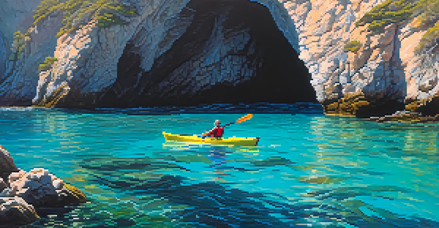 A kayaker exploring a sea cave at the Channel Islands, surrounded by clear water, marine life, and sunlight filtering through the rocks.
