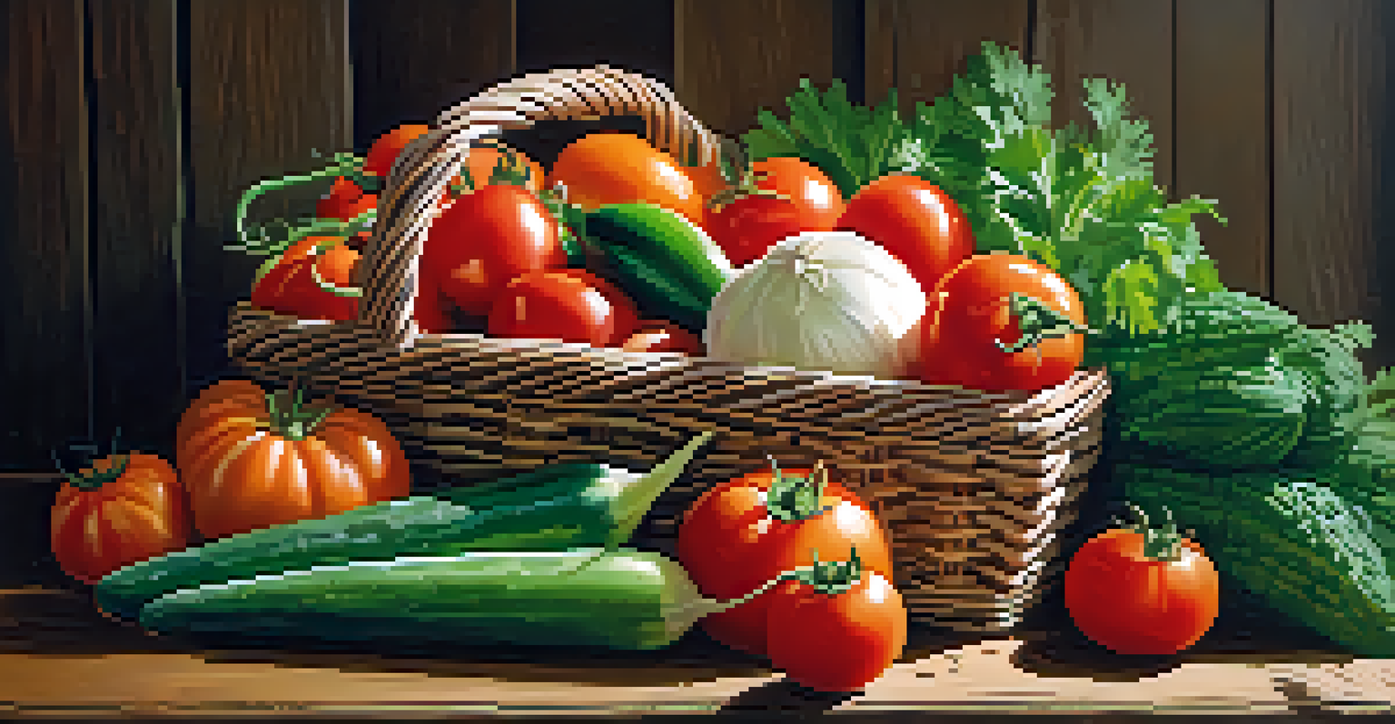A basket filled with fresh vegetables like tomatoes, cucumbers, and carrots on a wooden table, illuminated by soft natural light.