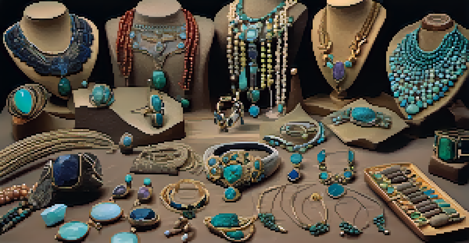 A close-up view of a handmade jewelry display featuring unique necklaces, bracelets, and earrings with intricate designs and soft lighting.