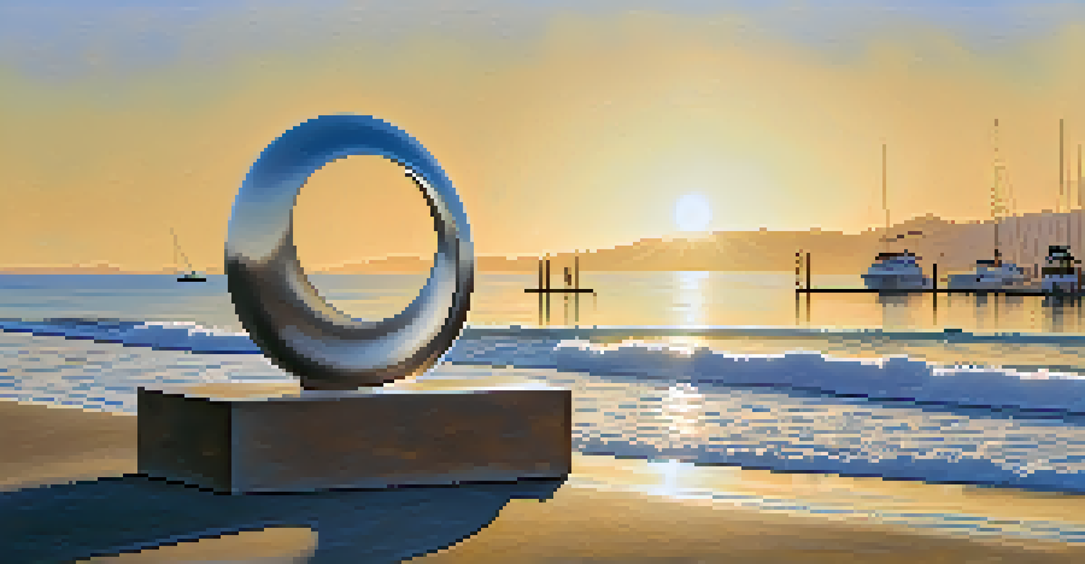A sculpture of ocean waves at Santa Barbara Harbor, with sunlit water in the background, creating a peaceful seaside scene.