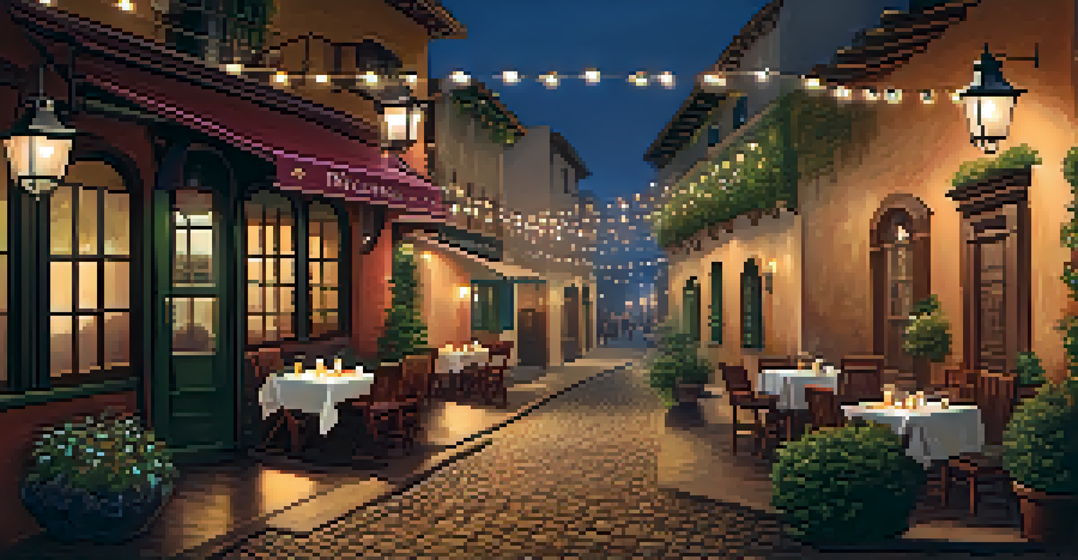 A cozy corner of El Paseo with shops, fairy lights, and a foggy atmosphere hinting at unseen spirits.