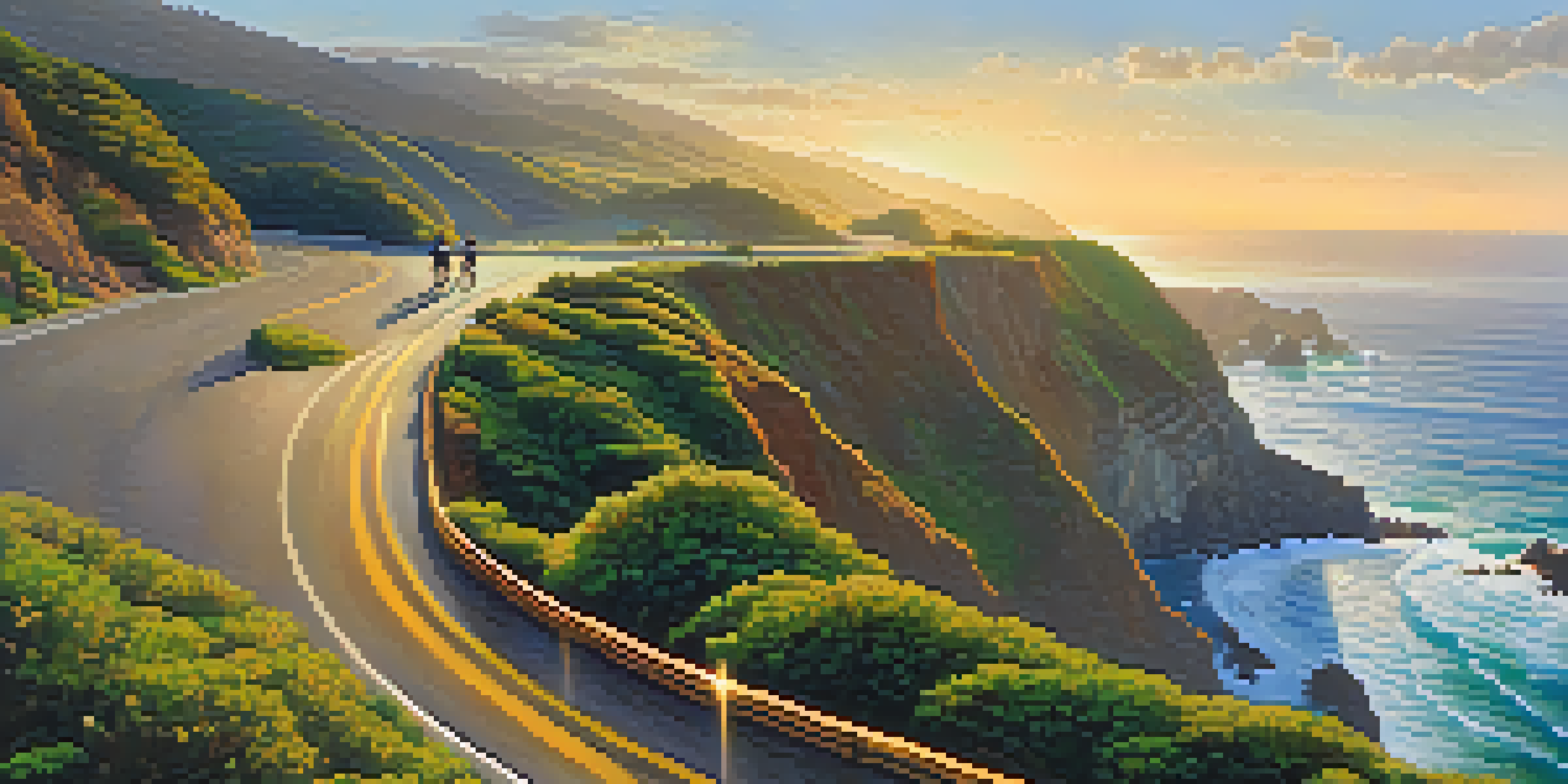 A breathtaking view of the Pacific Coast Highway with cliffs and ocean waves, illuminated by a sunset.