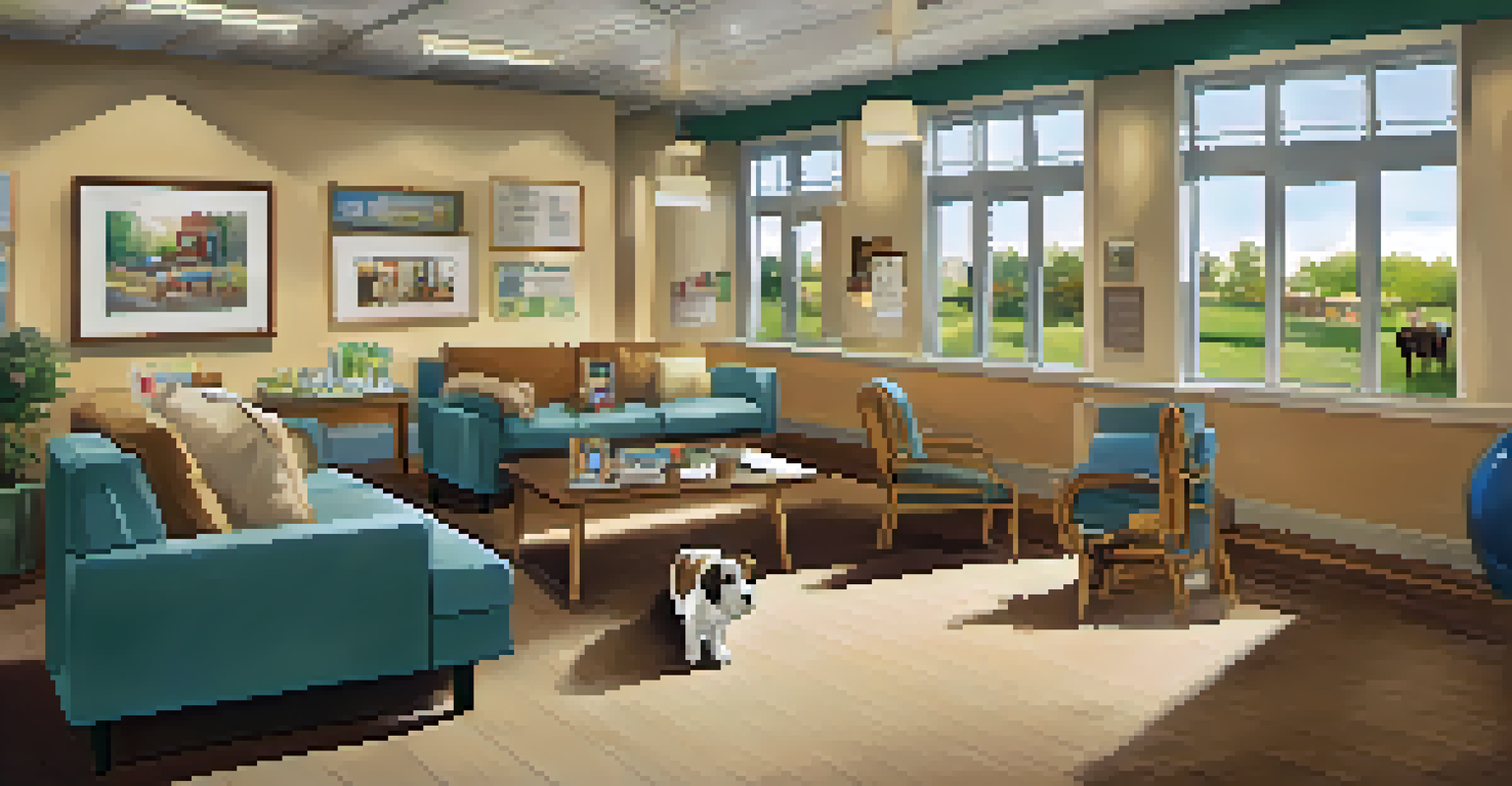 An inviting indoor pet adoption event space with seating and information tables, where volunteers assist visitors.