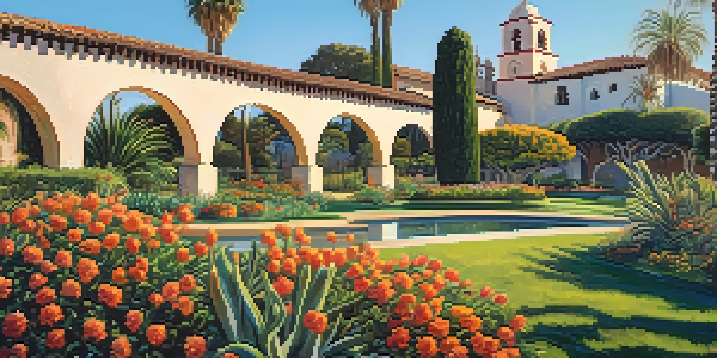 A scenic view of Mission Santa Barbara with beautiful gardens and blue sky, showcasing its Spanish colonial architecture in warm sunlight.