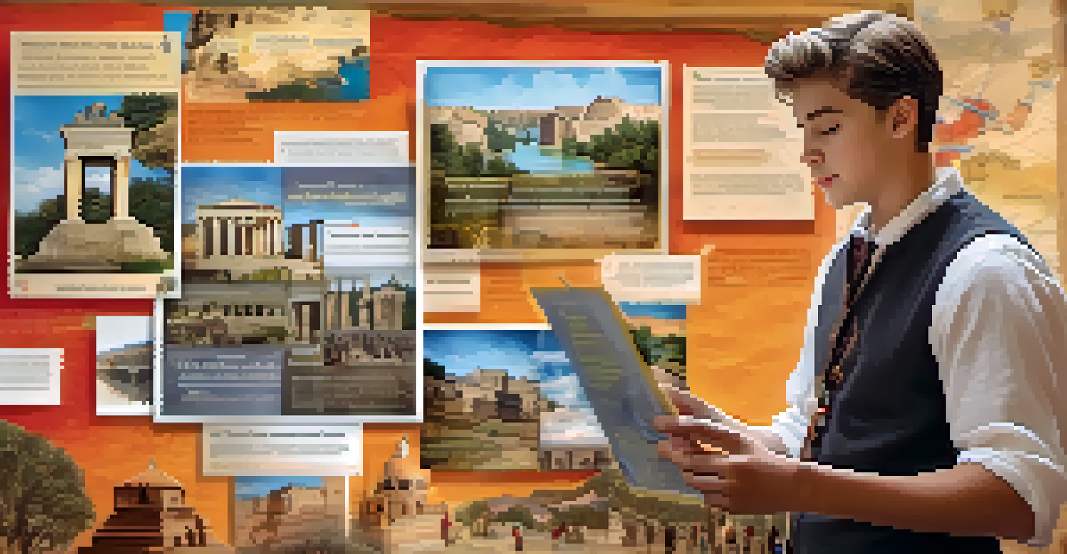 A young historian creating a video about local history, with a backdrop of historical images and vibrant graphics.